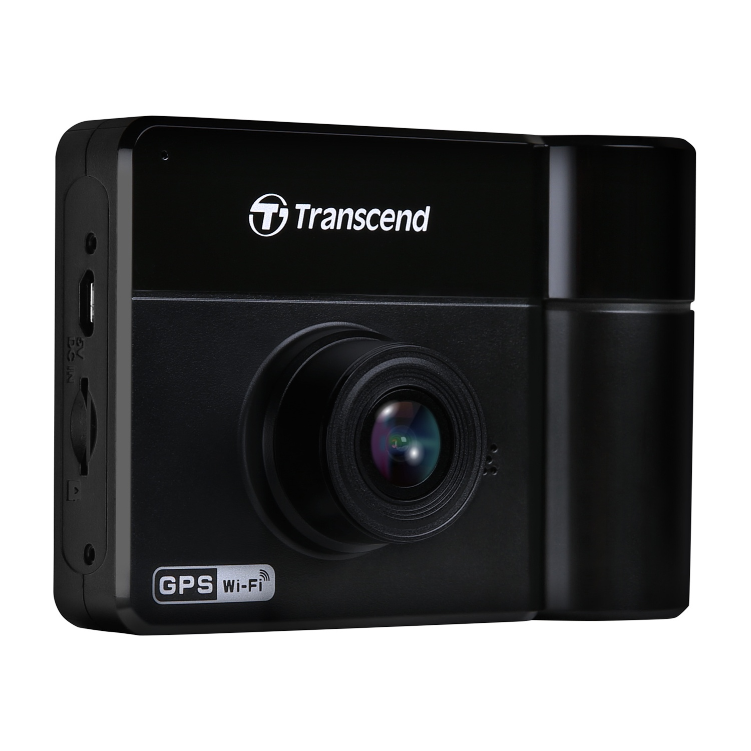 Dashcam nera. Sono visibili un obiettivo, ingresso DC e slot per schede SD. Logo Transcend sulla parte anteriore.