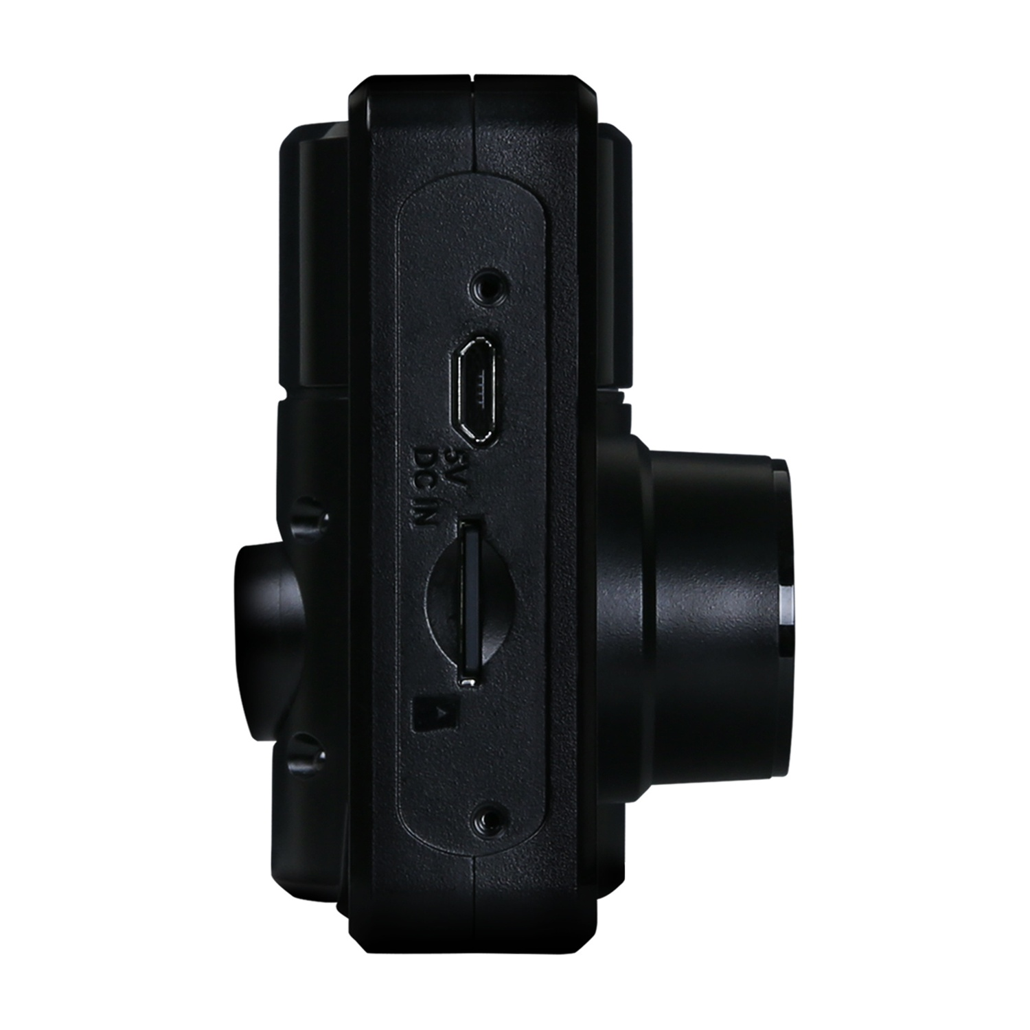 Vista laterale di una dashcam nera. Ingresso DC, porta USB e slot per schede SD sono visibili.