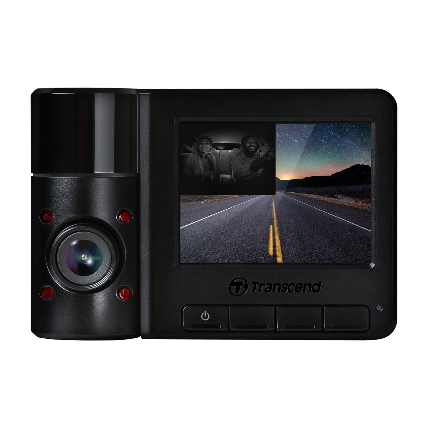 Dashcam nera che mostra una strada e persone in auto. Il logo Transcend è visibile.