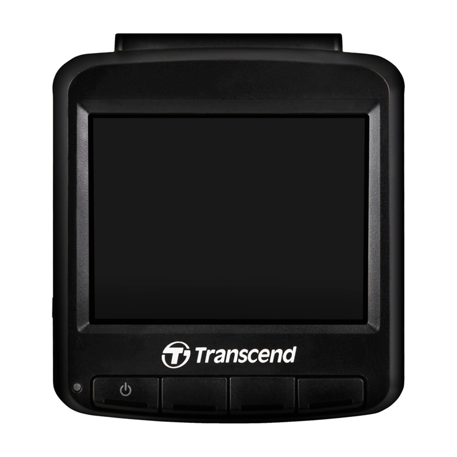Dash cam nera con schermo e pulsanti. Logo Transcend in basso, schermo nero.