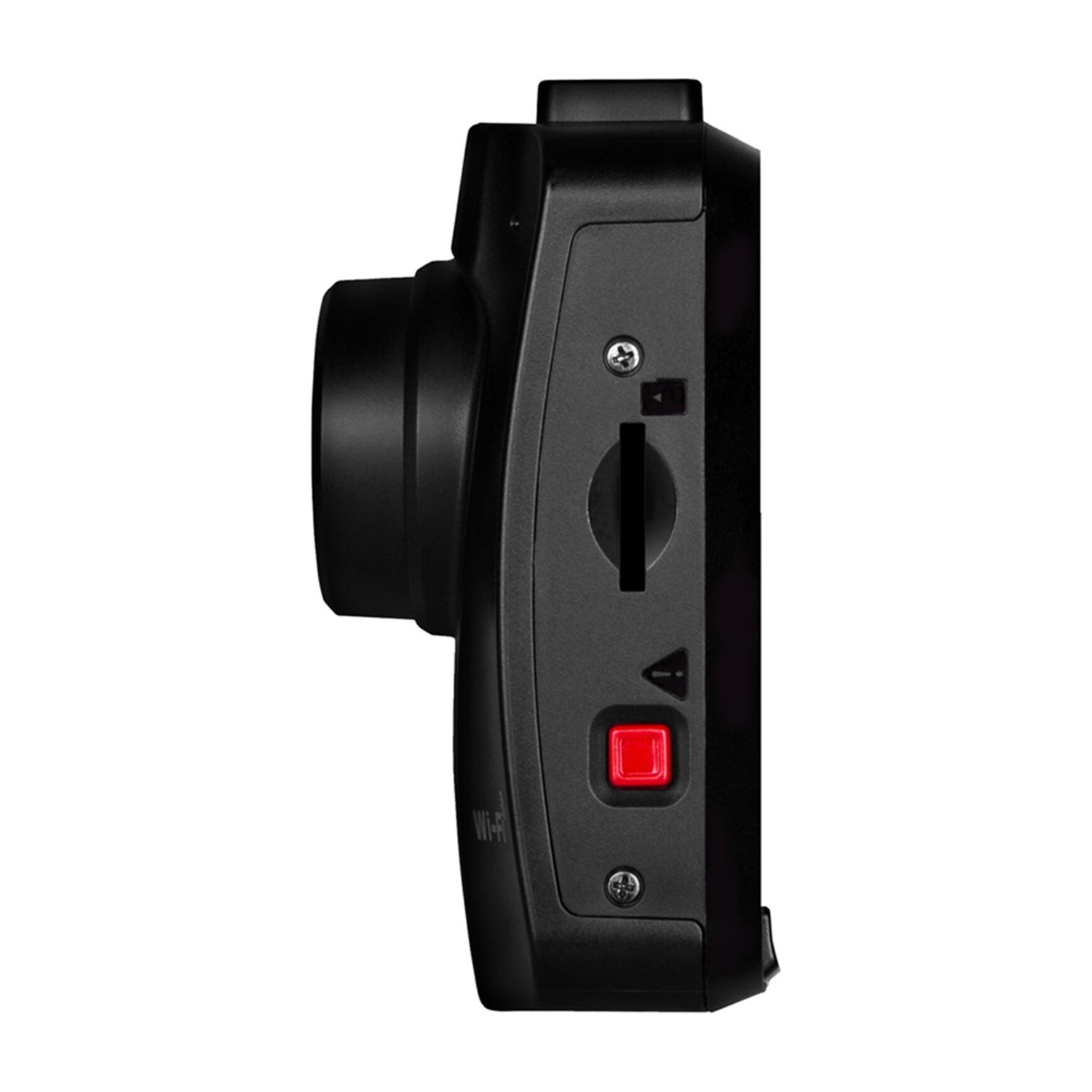 Vista laterale della dash cam nera. Lente, pulsante rosso, slot per schede SD e porte visibili.