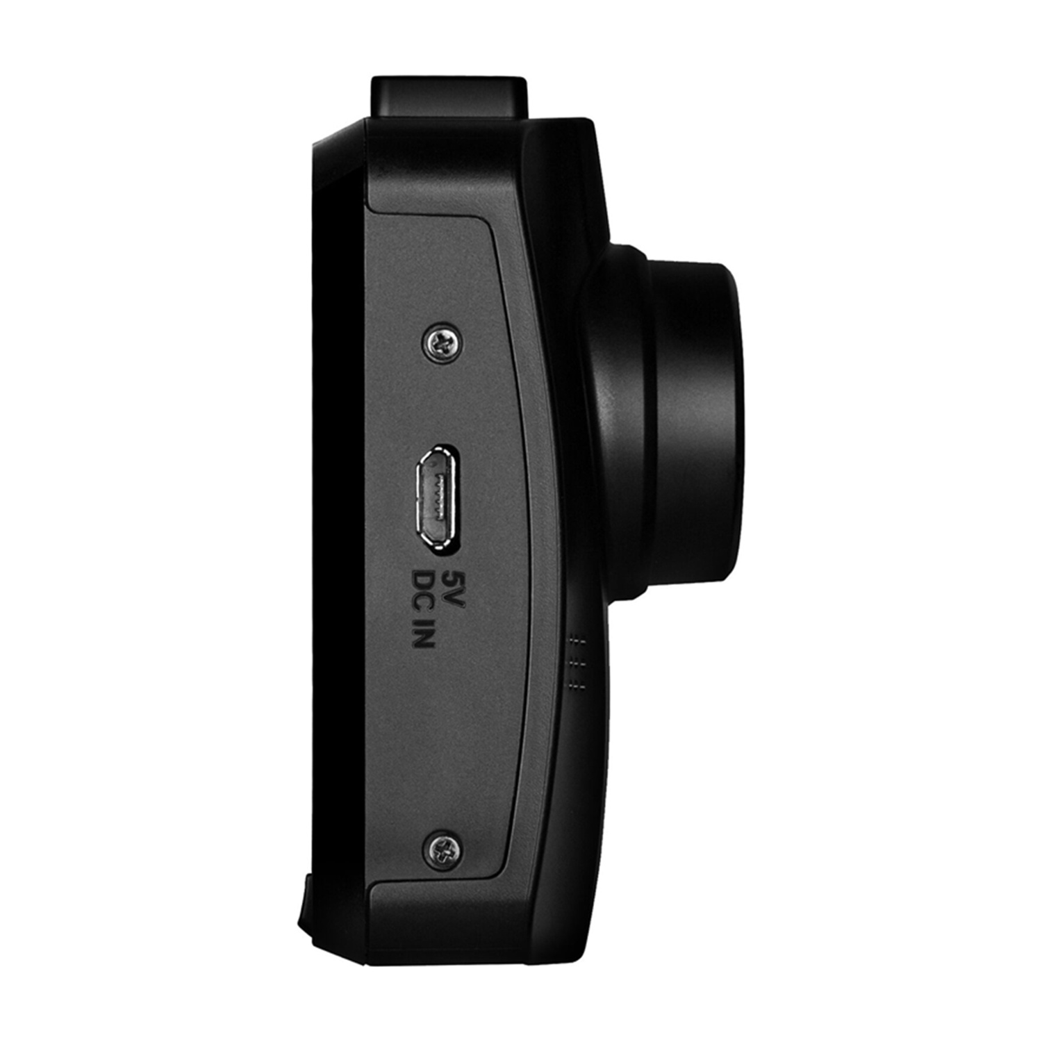 Vista laterale della dash cam nera. L'immagine mostra un obiettivo, porte e altri dettagli.