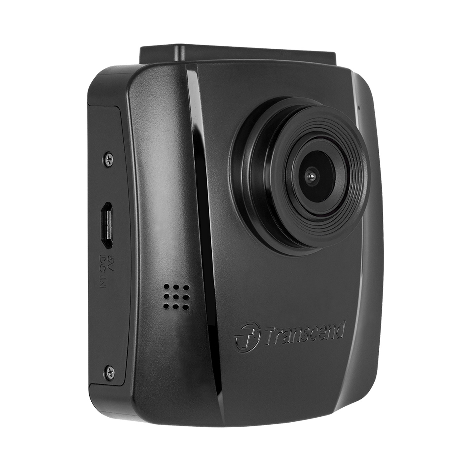 Dash cam nera, vista laterale. Mostra obiettivo, porte e il logo Transcend. Sfondo bianco.