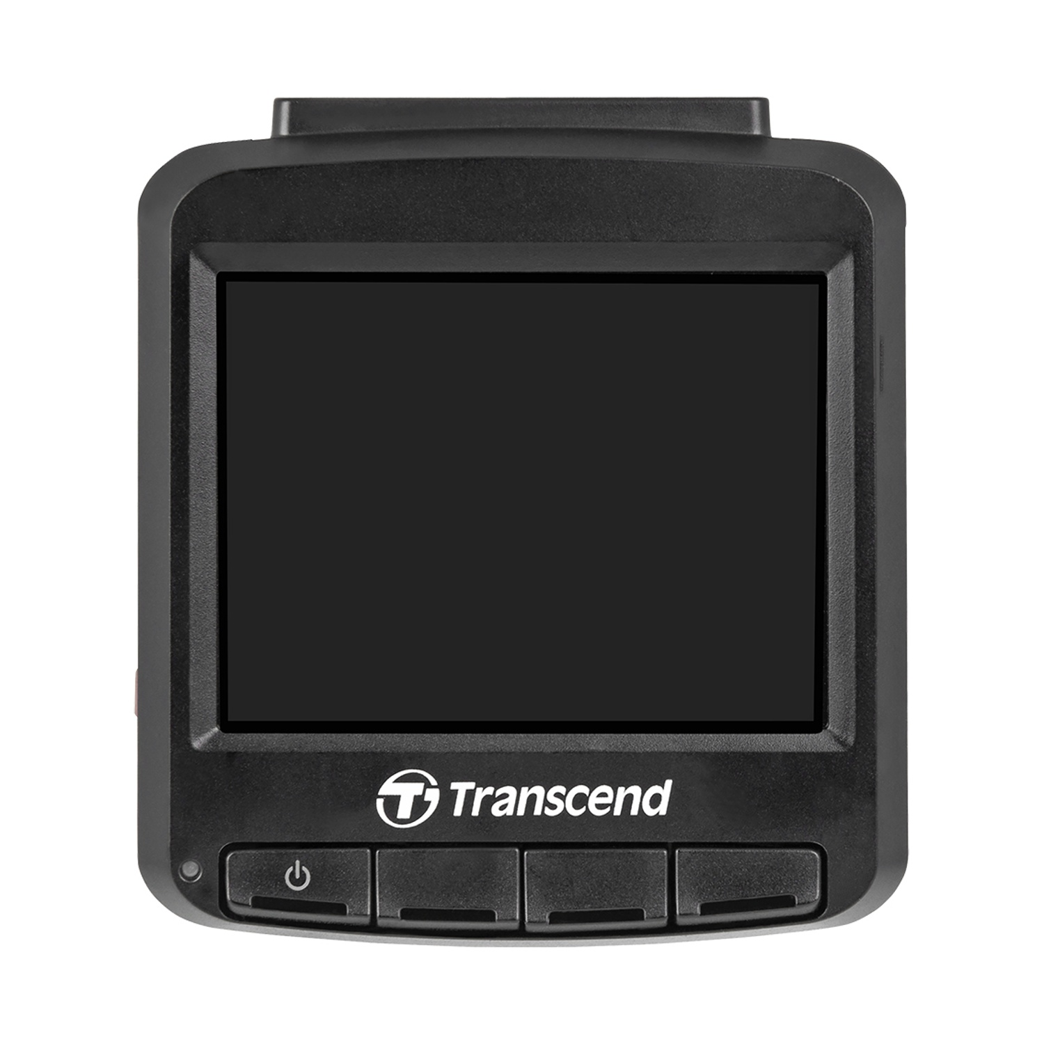 Dash cam con schermo e pulsanti. Lo schermo è nero e il logo Transcend è visibile.