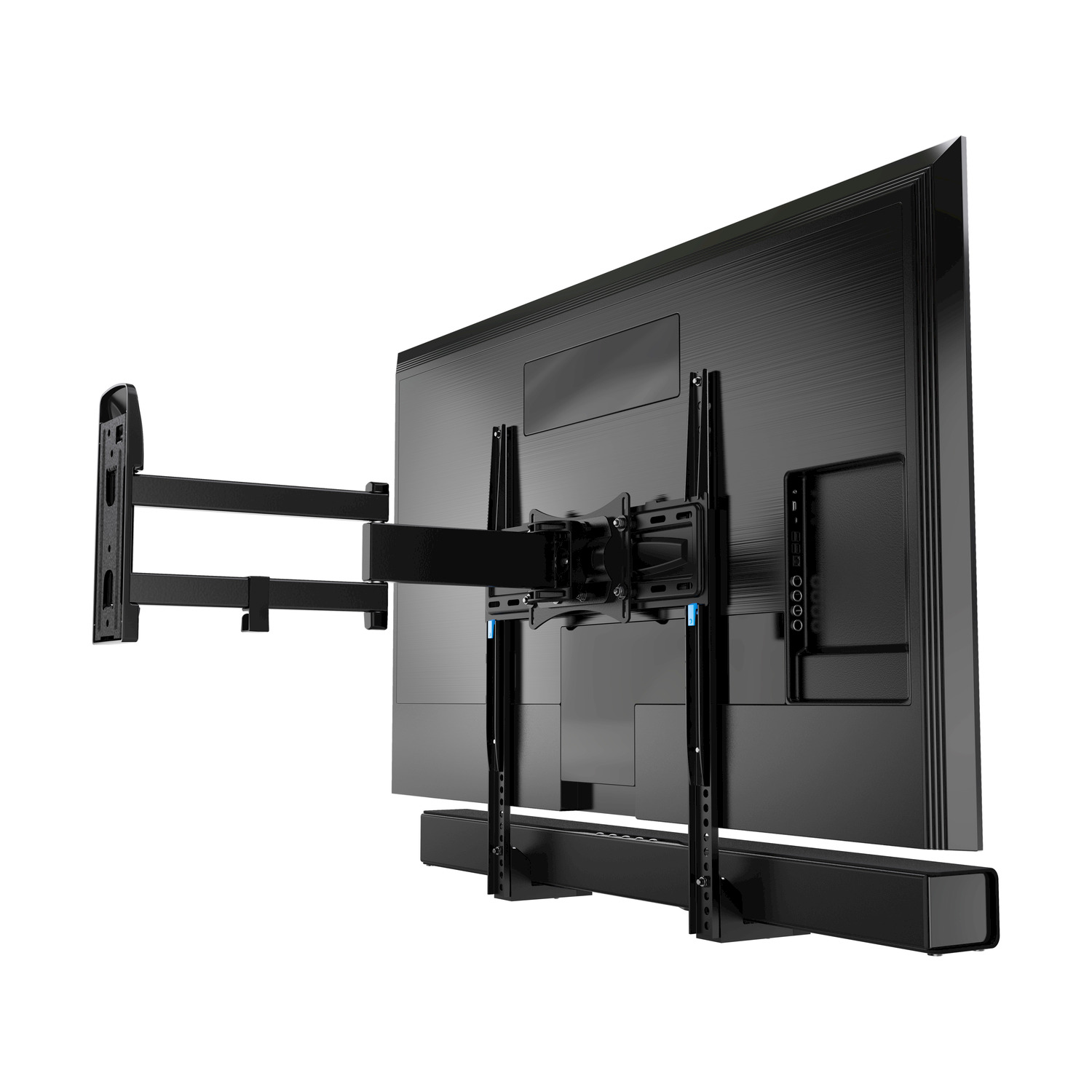 Una TV montata a parete con una soundbar. È nera e la staffa è visibile.