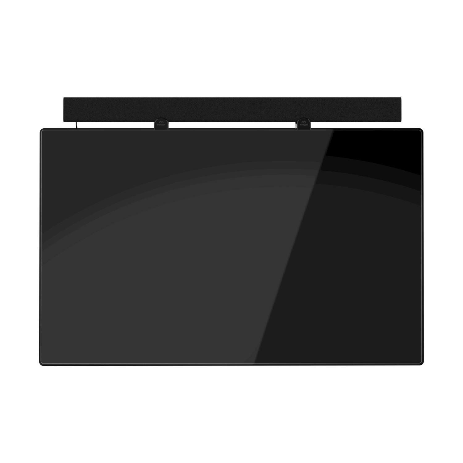 Una TV nera con una soundbar nera montata sotto. Lo schermo è acceso.