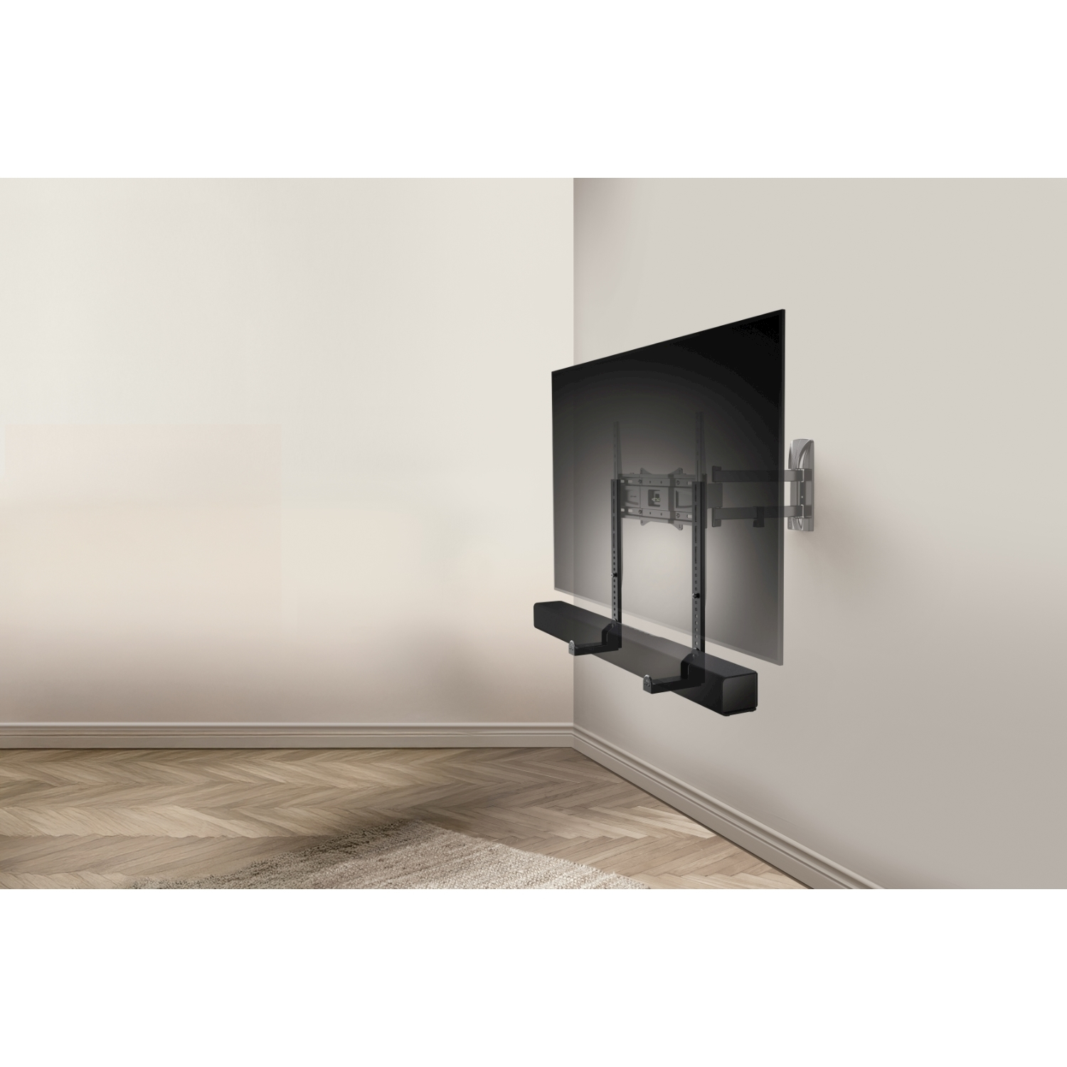 Una TV montata su una parete con una soundbar. Il muro è bianco e il pavimento è in legno.