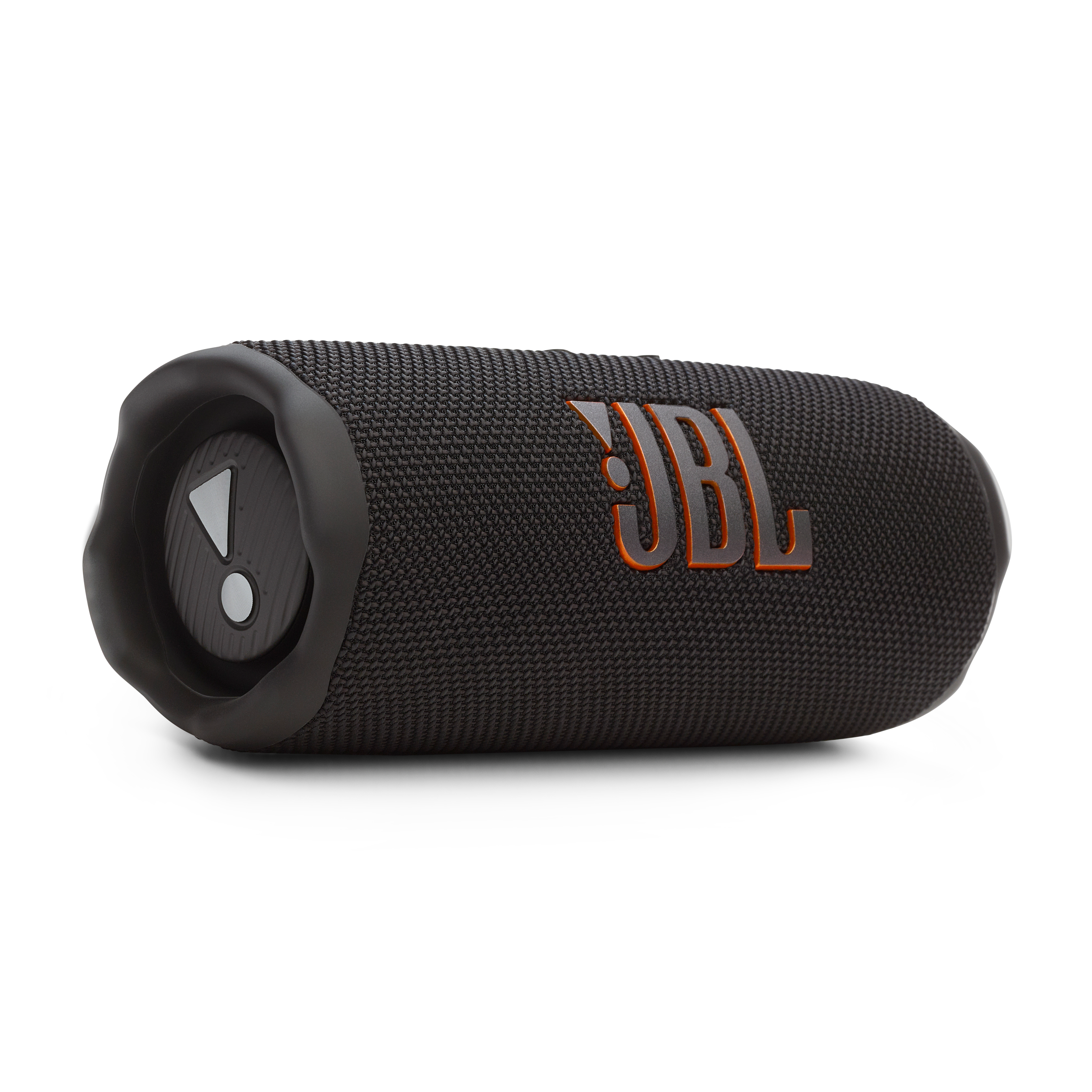 Schwarzer JBL-Lautsprecher mit orangefarbenem JBL-Logo und Bedientasten.