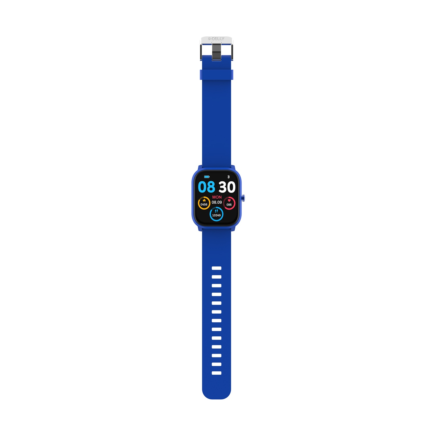 Uno smartwatch blu mostra l'ora e la data. Ha un cinturino blu e una fibbia argentata.