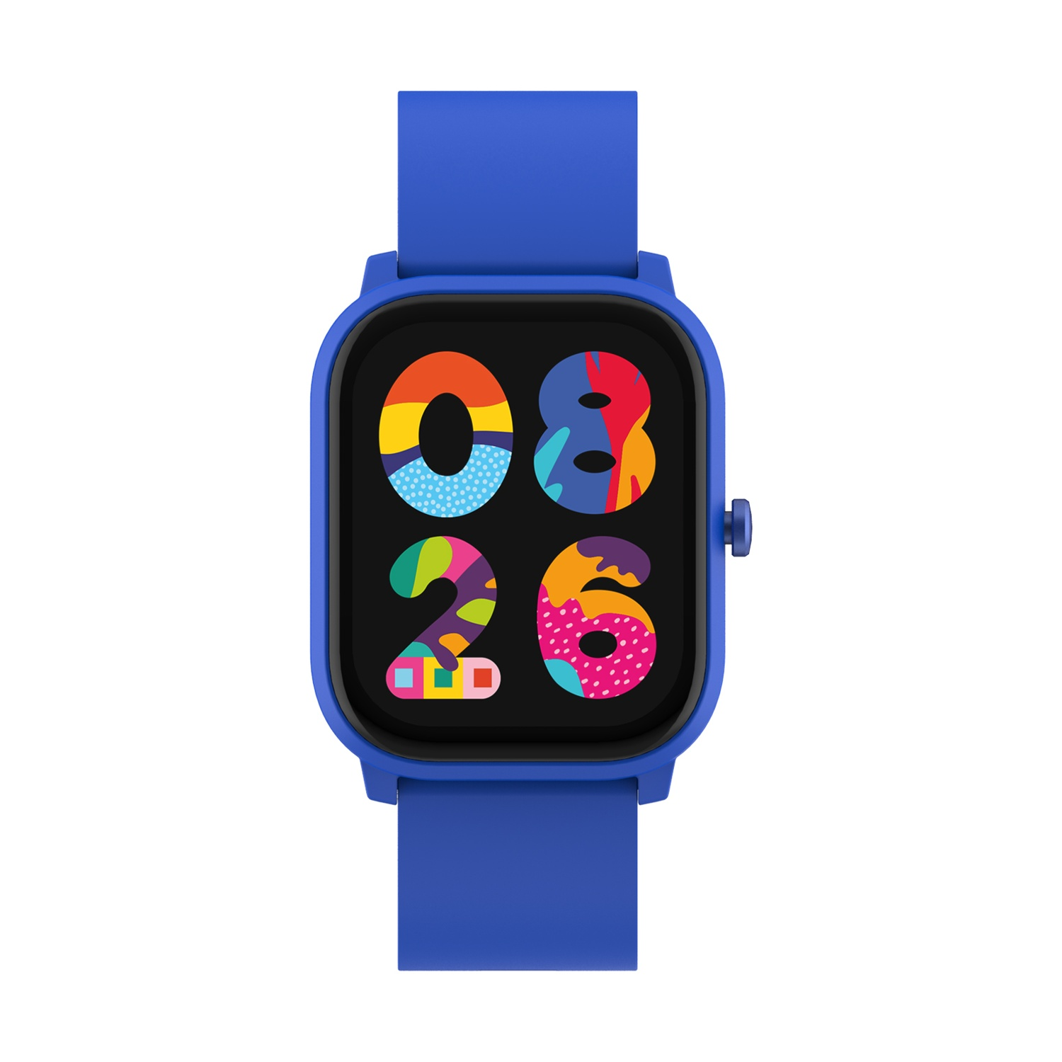 Lo smartwatch blu mostra l'ora e la data sullo schermo. Ha un cinturino blu e un quadrante quadrato.