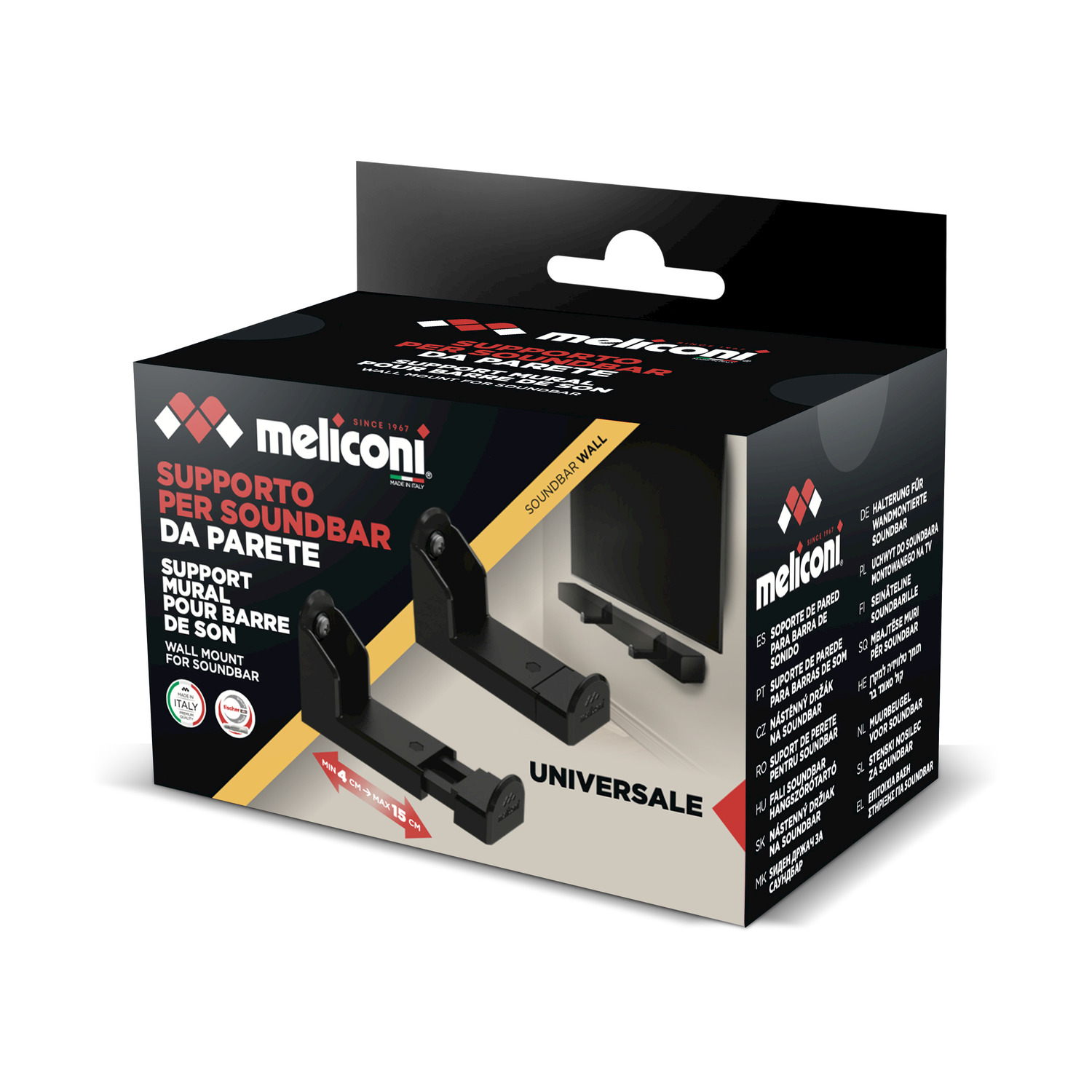 Una scatola di montaggio a parete per soundbar nera e rossa con il logo Meliconi. Include staffe e istruzioni.