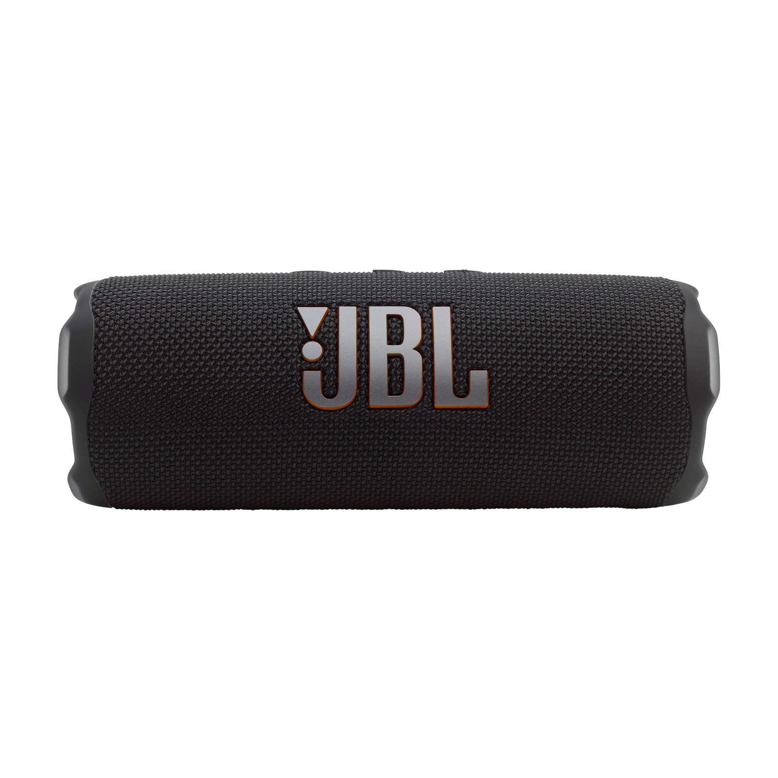 Schwarzer JBL-Lautsprecher mit orangefarbenem JBL-Logo. Horizontal betrachtet. Weißer Hintergrund.