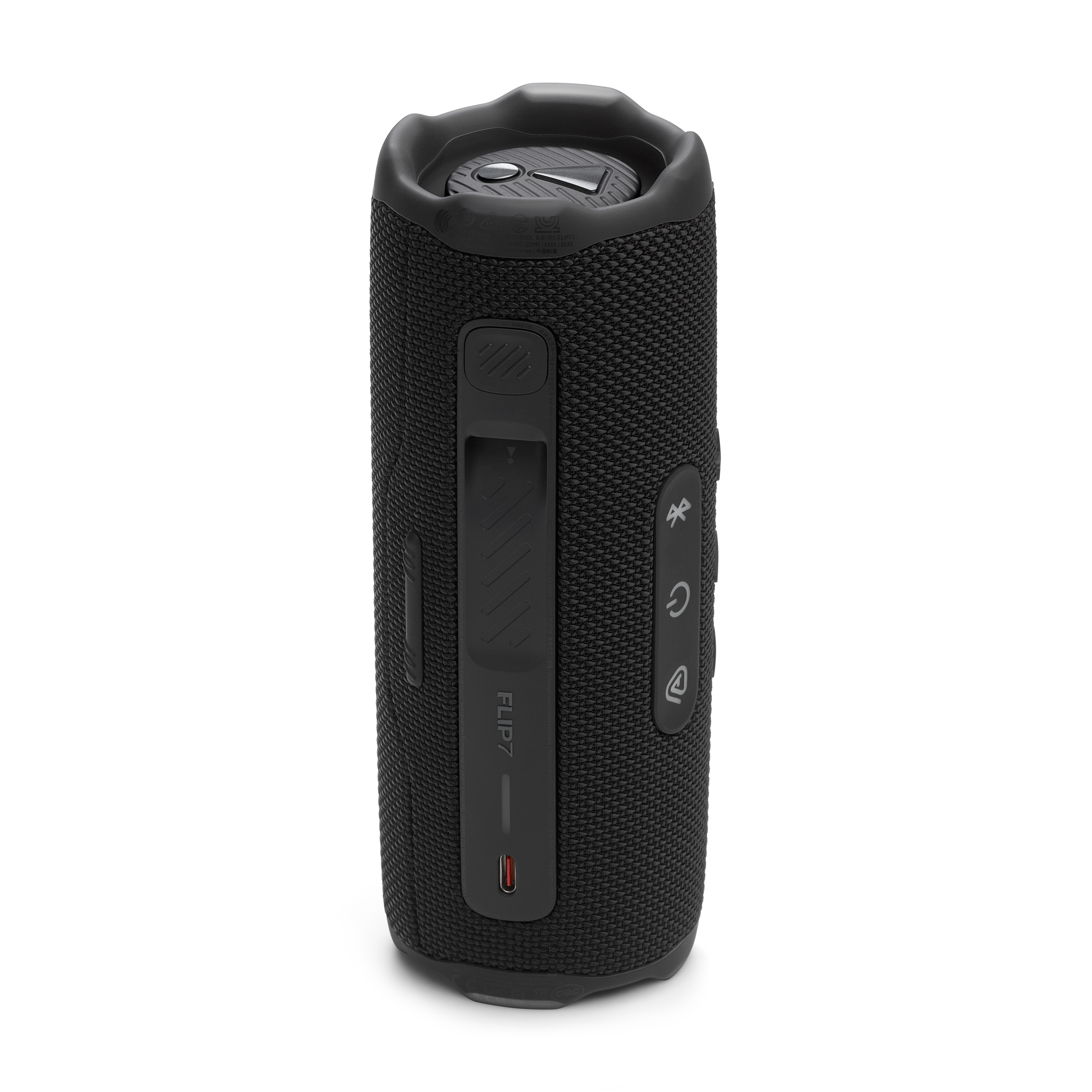 Schwarzer JBL-Lautsprecher, Seitenansicht mit Knöpfen und USB-C-Anschluss. Weißer Hintergrund.
