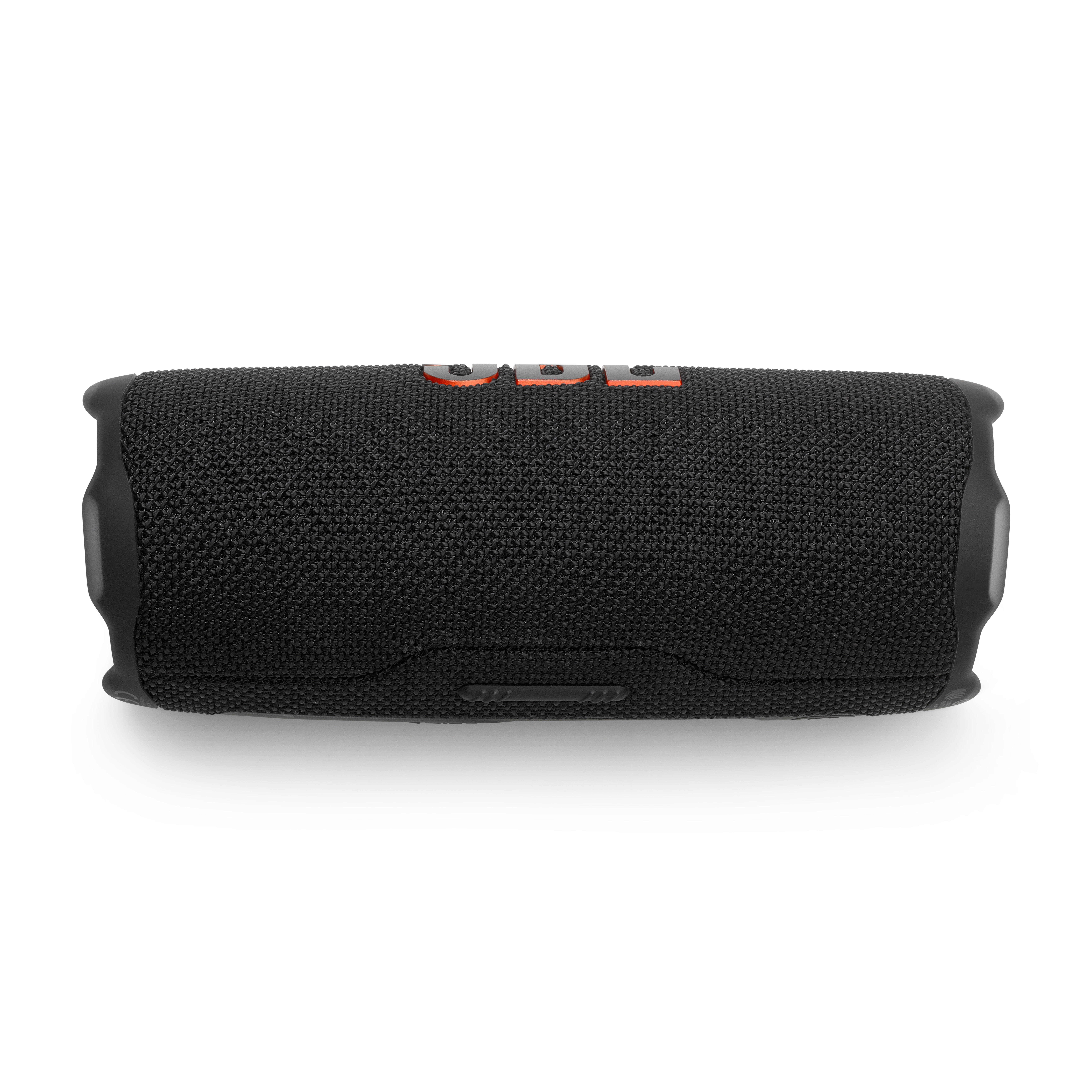 Schwarzer JBL-Lautsprecher horizontal betrachtet. Orangefarbenes JBL-Logo oben. Weißer Hintergrund.