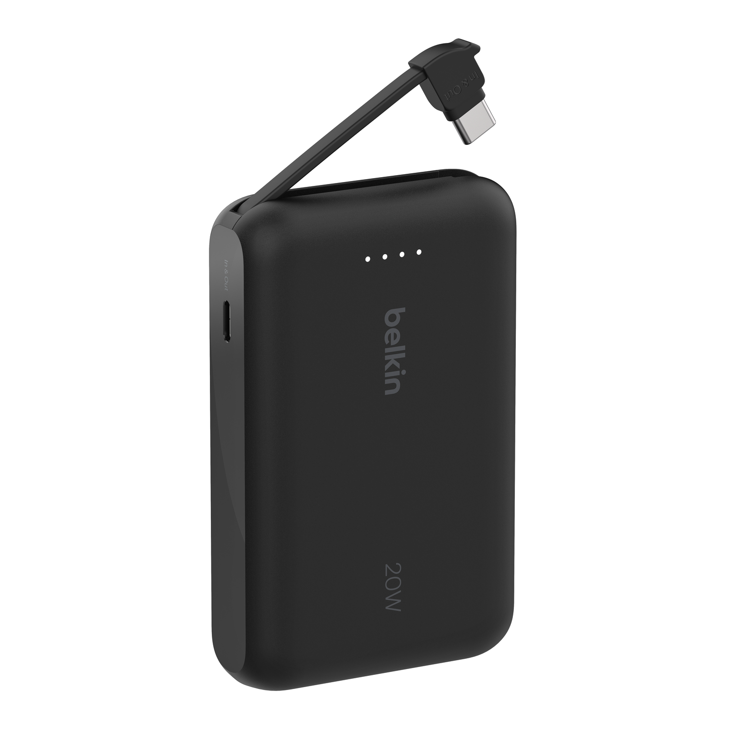 Une batterie externe Belkin noire avec un câble USB-C. Elle est de 20W, a trois voyants LED et un port USB-C.