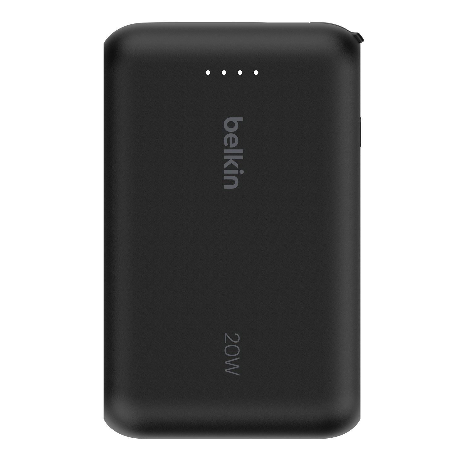 Une batterie externe Belkin noire avec 20W et trois voyants LED. Le logo Belkin est au milieu.