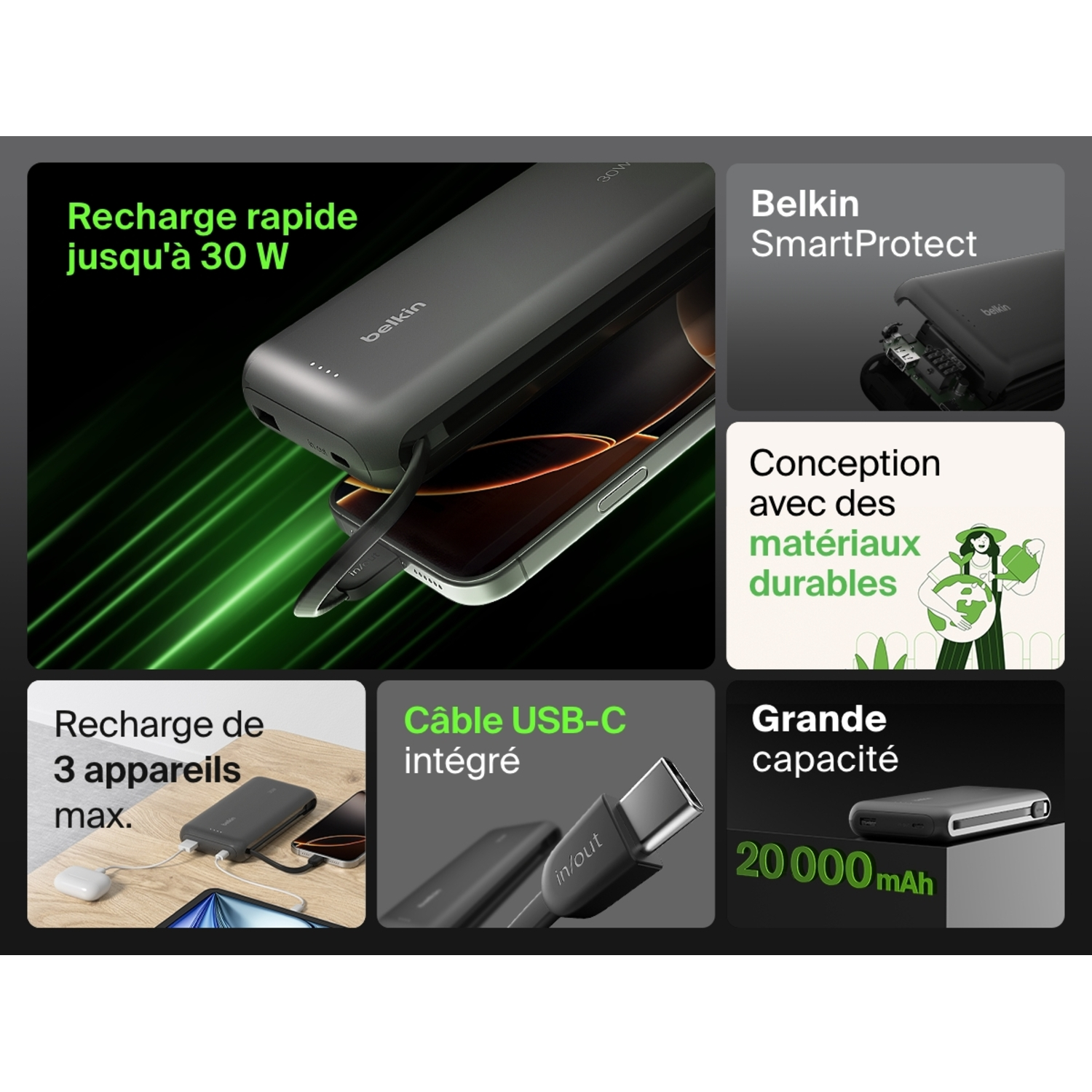 Image montre une power bank Belkin chargeant un téléphone. Graphiques détaillent les fonctionnalités: charge rapide, 3 appareils, USB-C, capacité.