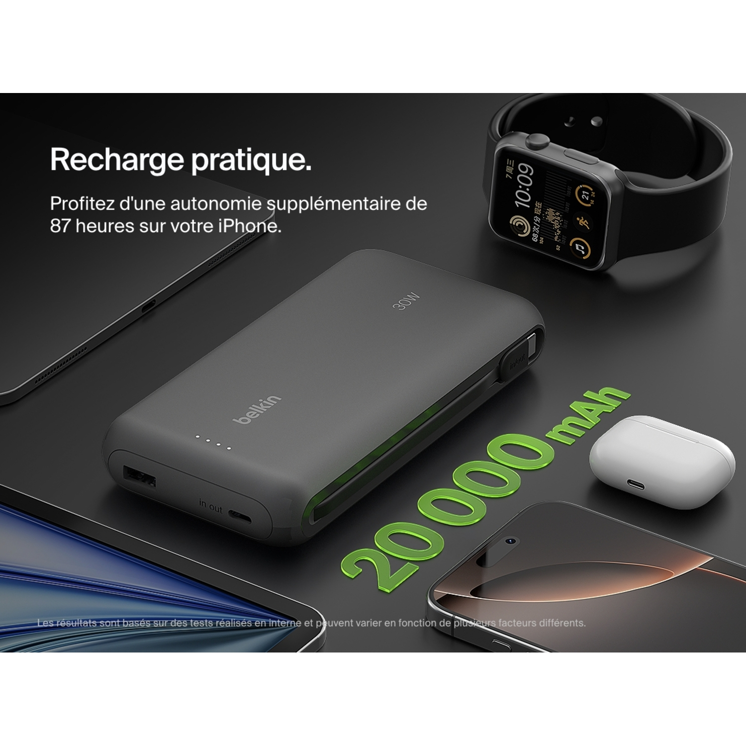Power bank Belkin chargeant iPhone, Apple Watch et AirPods. Texte indique 87 heures d'utilisation iPhone supplémentaire.