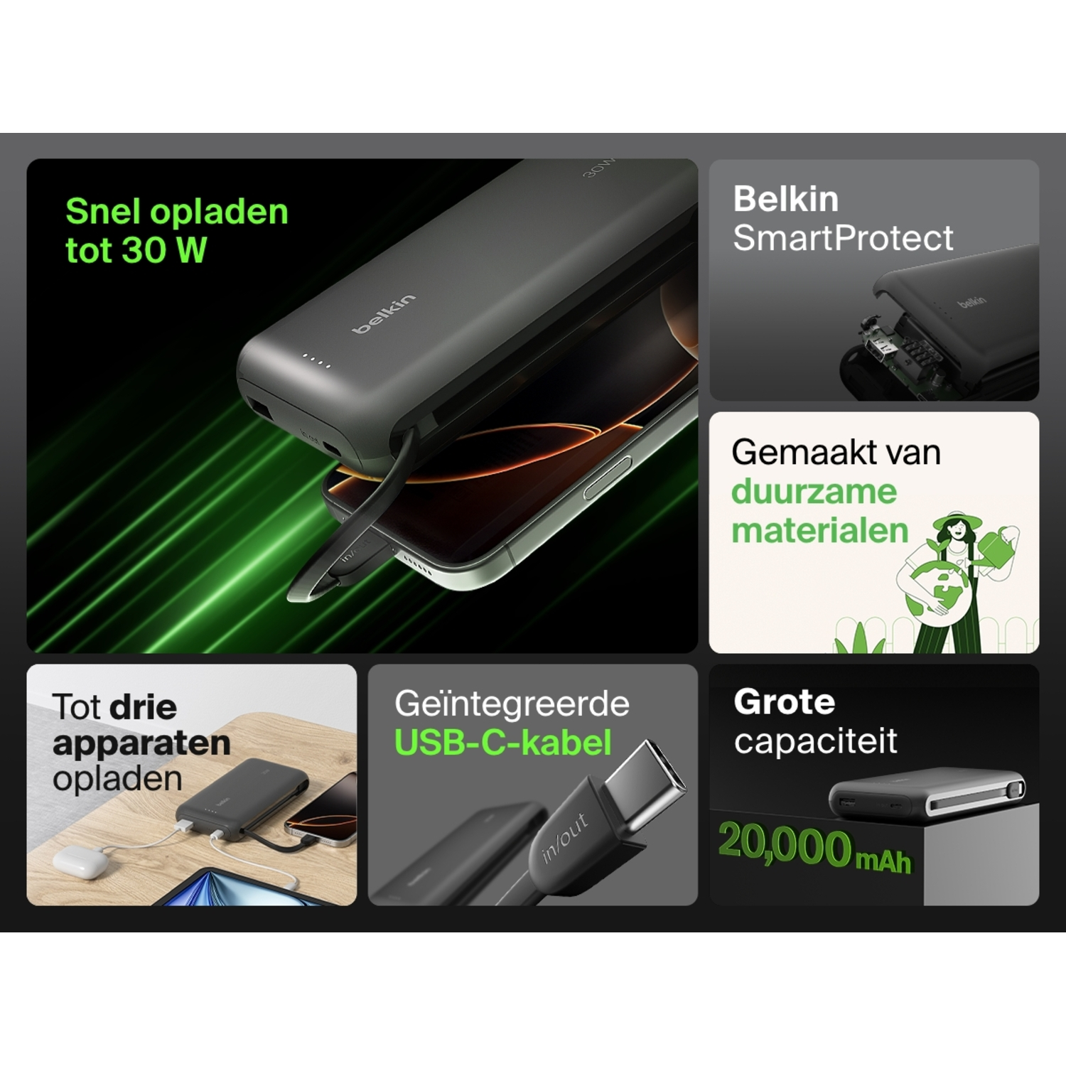 Image shows Belkin power bank charging a phone. Graphics detail features: fast charging, 3 devices, USB-C, and capacity.