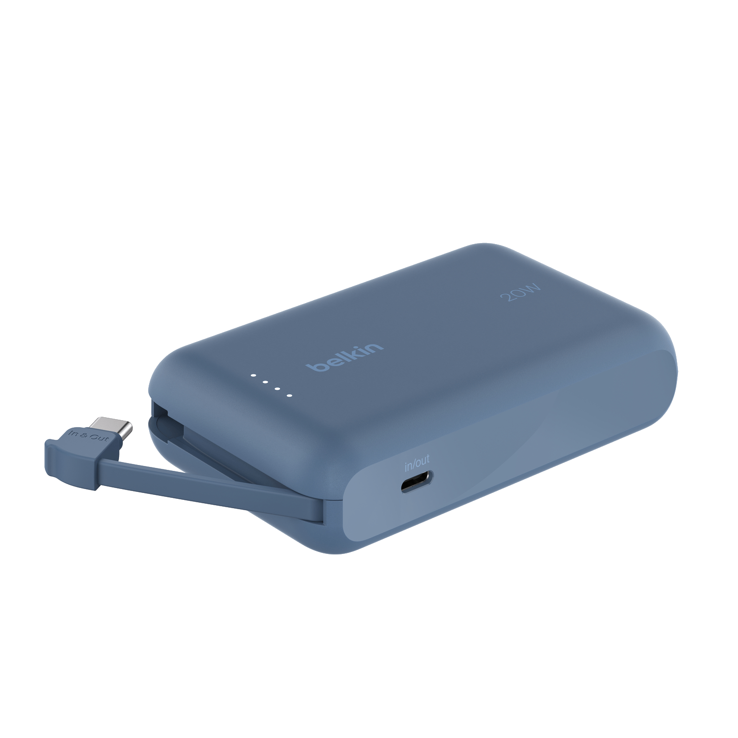 Batterie externe Belkin bleue avec un câble USB-C connecté. La batterie est sur fond blanc.