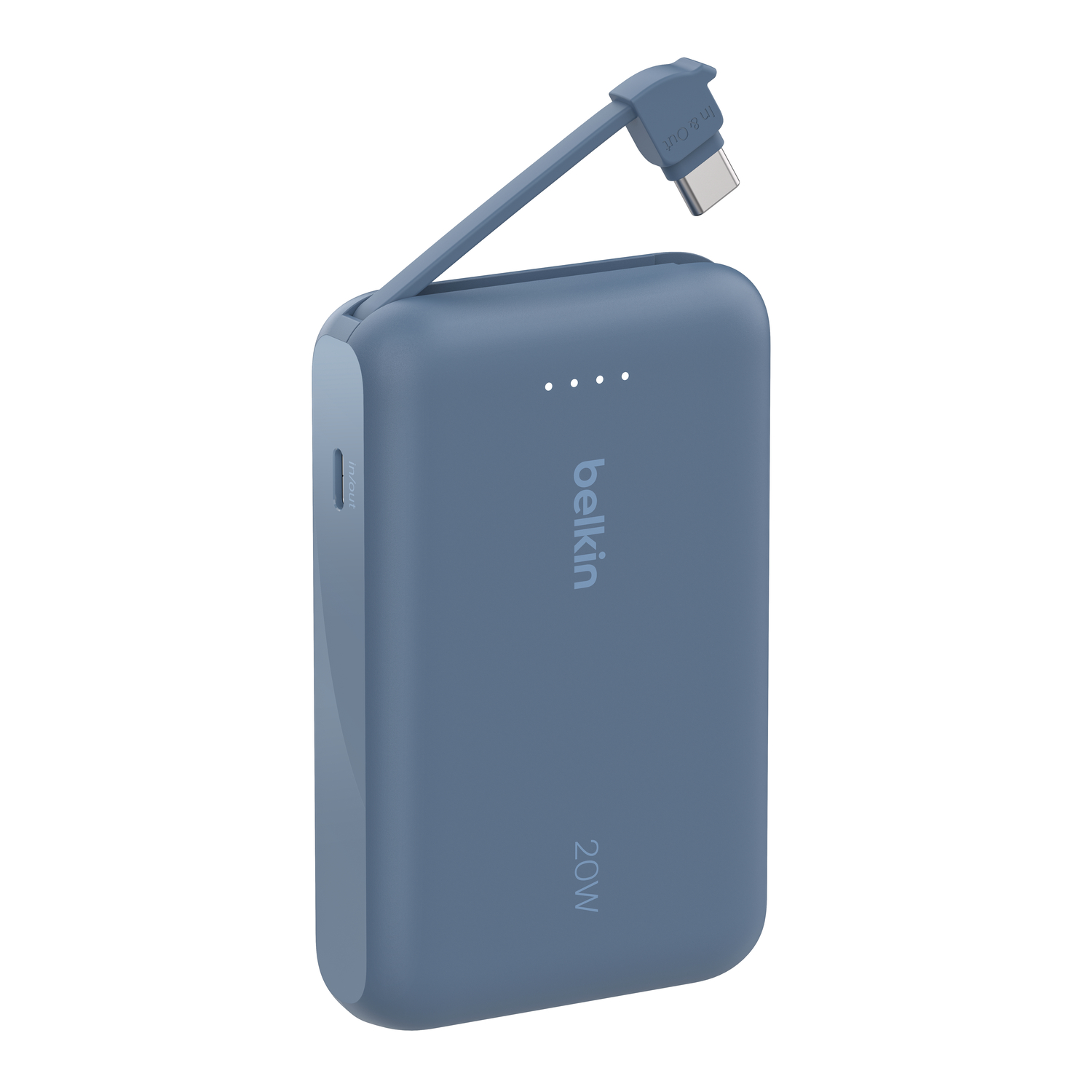 Batterie externe Belkin bleue. Câble USB-C étendu. La batterie a le logo Belkin et 20W imprimé.