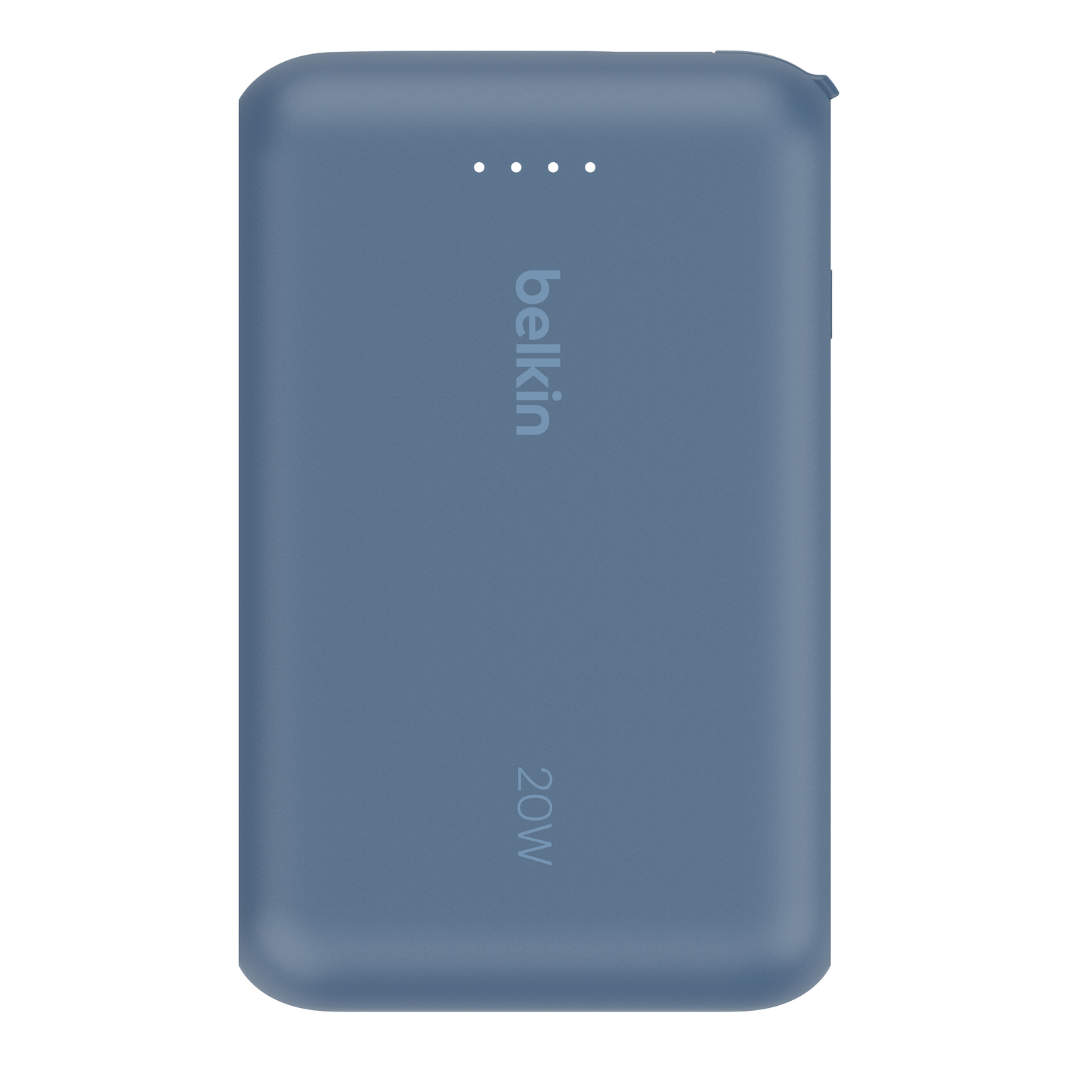 Batterie externe Belkin bleue avec logo et 20W imprimés. A trois voyants blancs. Sur fond blanc.