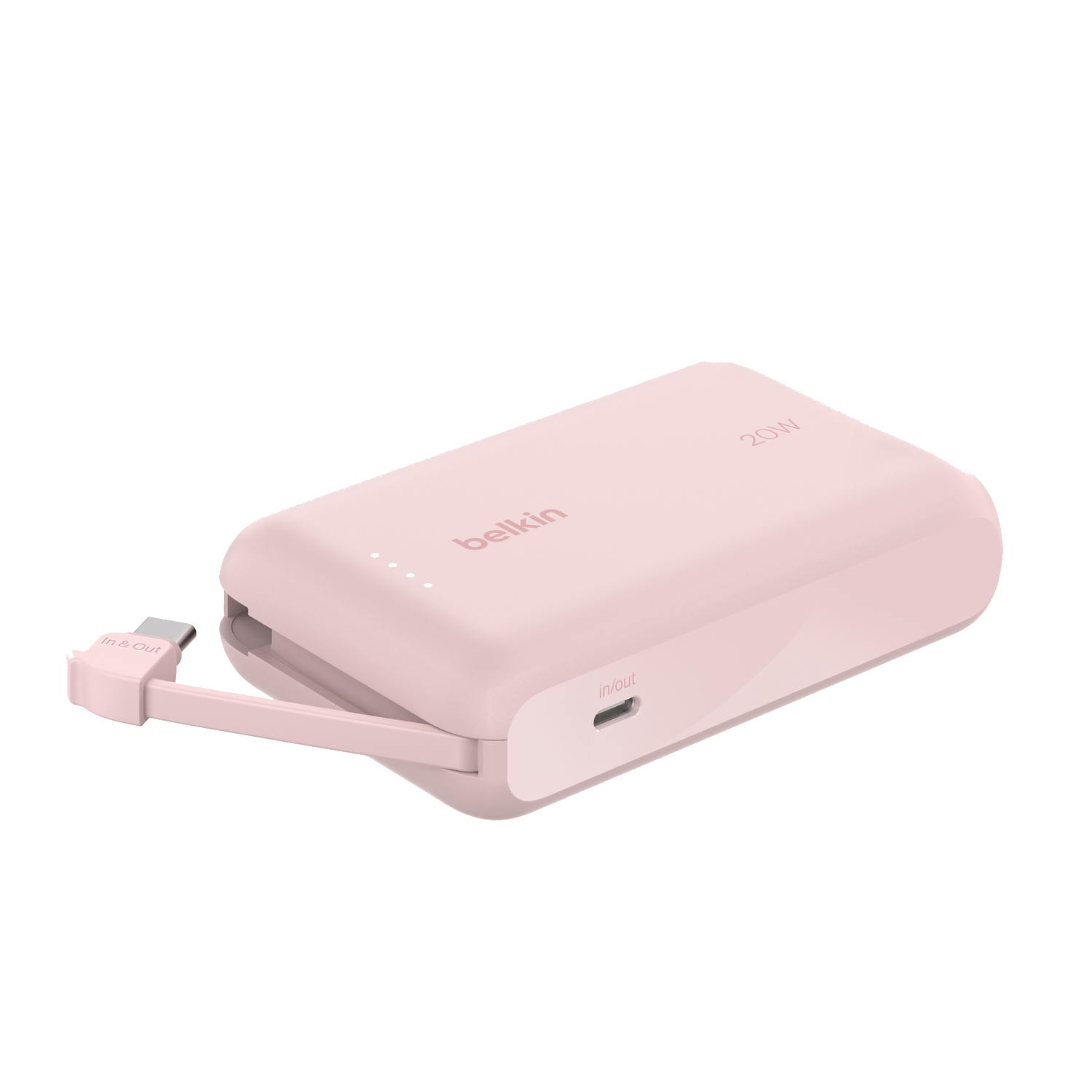 Batterie externe Belkin rose avec le câble de charge attaché.