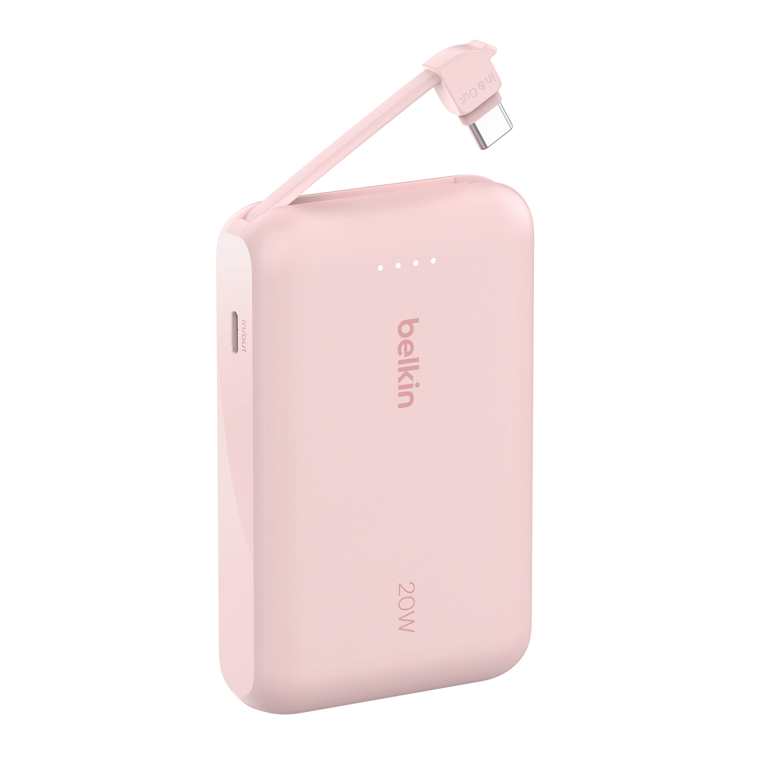 Batterie externe Belkin rose avec câble de charge étendu.