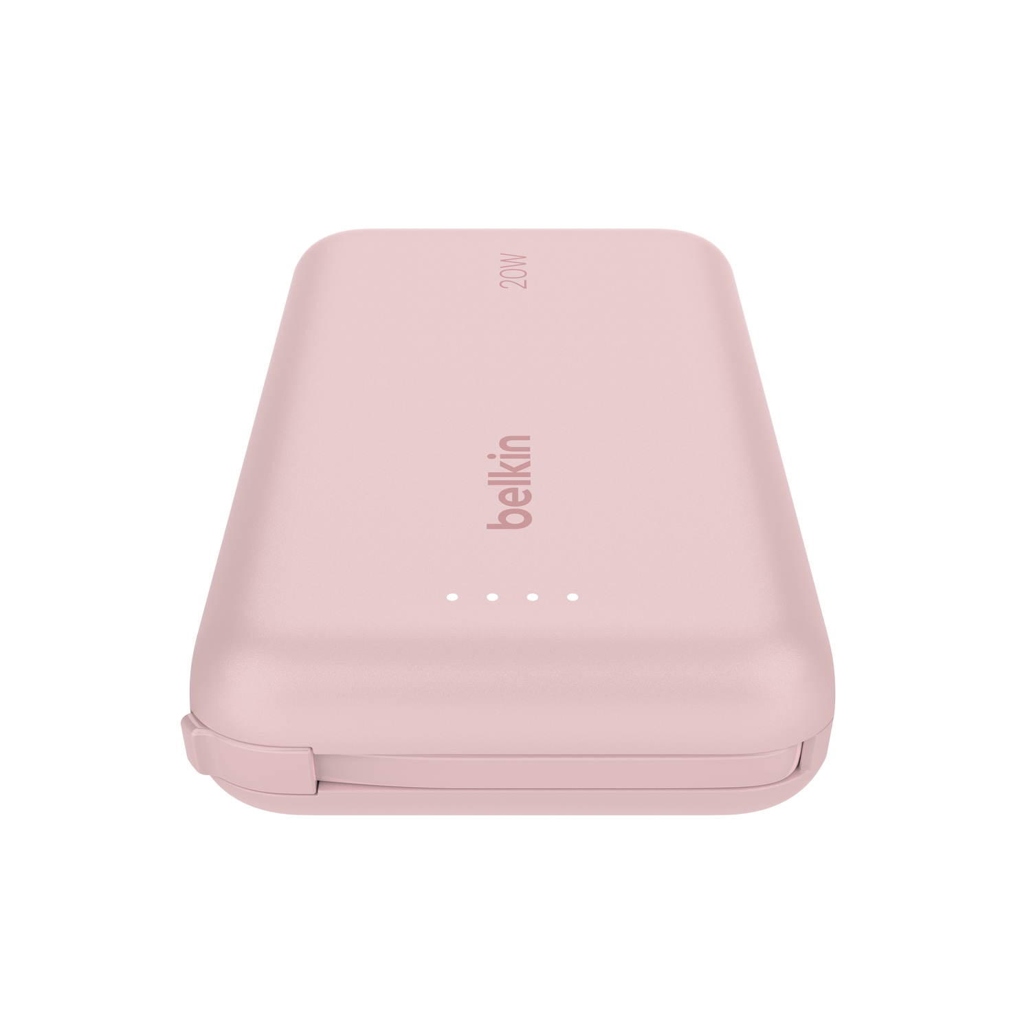 Batterie externe Belkin rose 20W. Marque et indicateur visibles. Fond blanc.