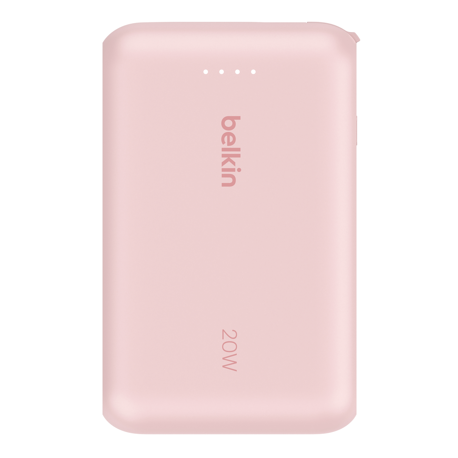 Batterie externe Belkin rose 20W. Marque, indicateur et 20W visibles. Fond blanc.