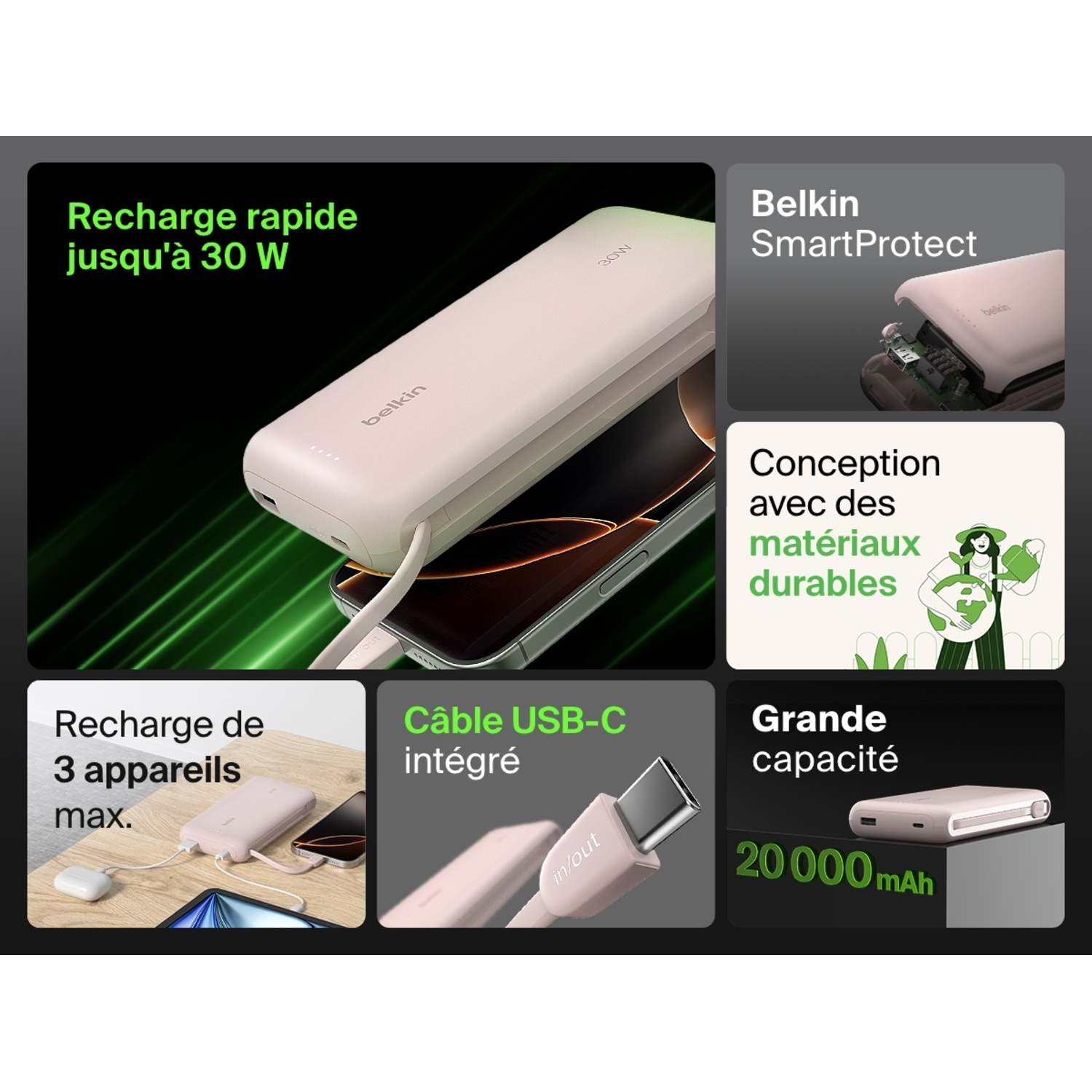 Graphique informatif sur les fonctionnalités de la batterie externe Belkin. Texte et images sur fond noir.