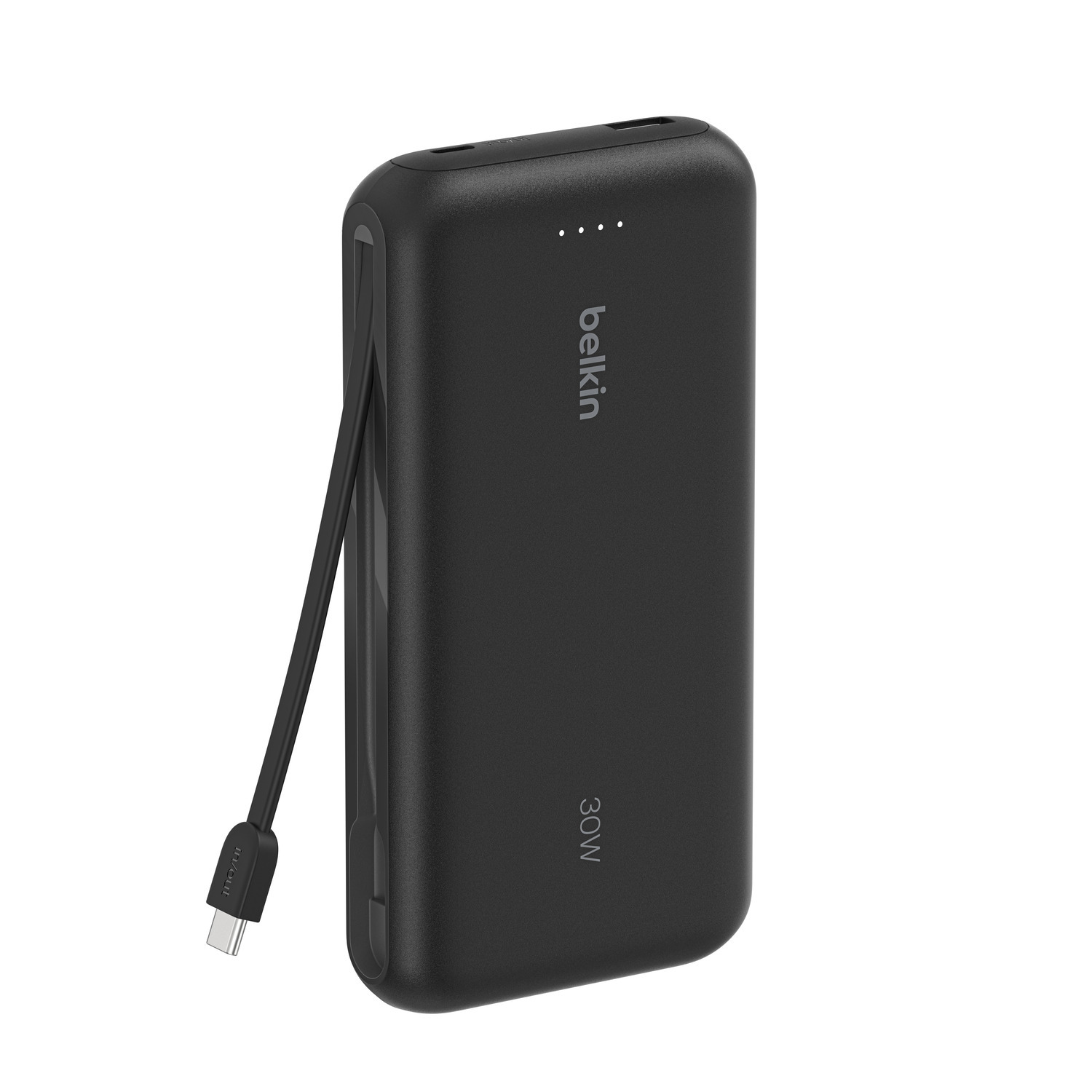 Zwarte Belkin 30W powerbank met bevestigde kabel, witte achtergrond.