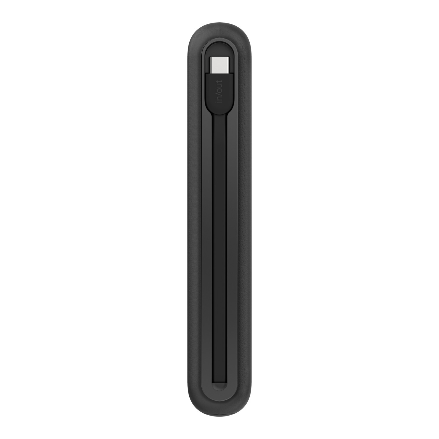 Zwarte, slanke powerbank met bevestigde kabel, witte achtergrond.
