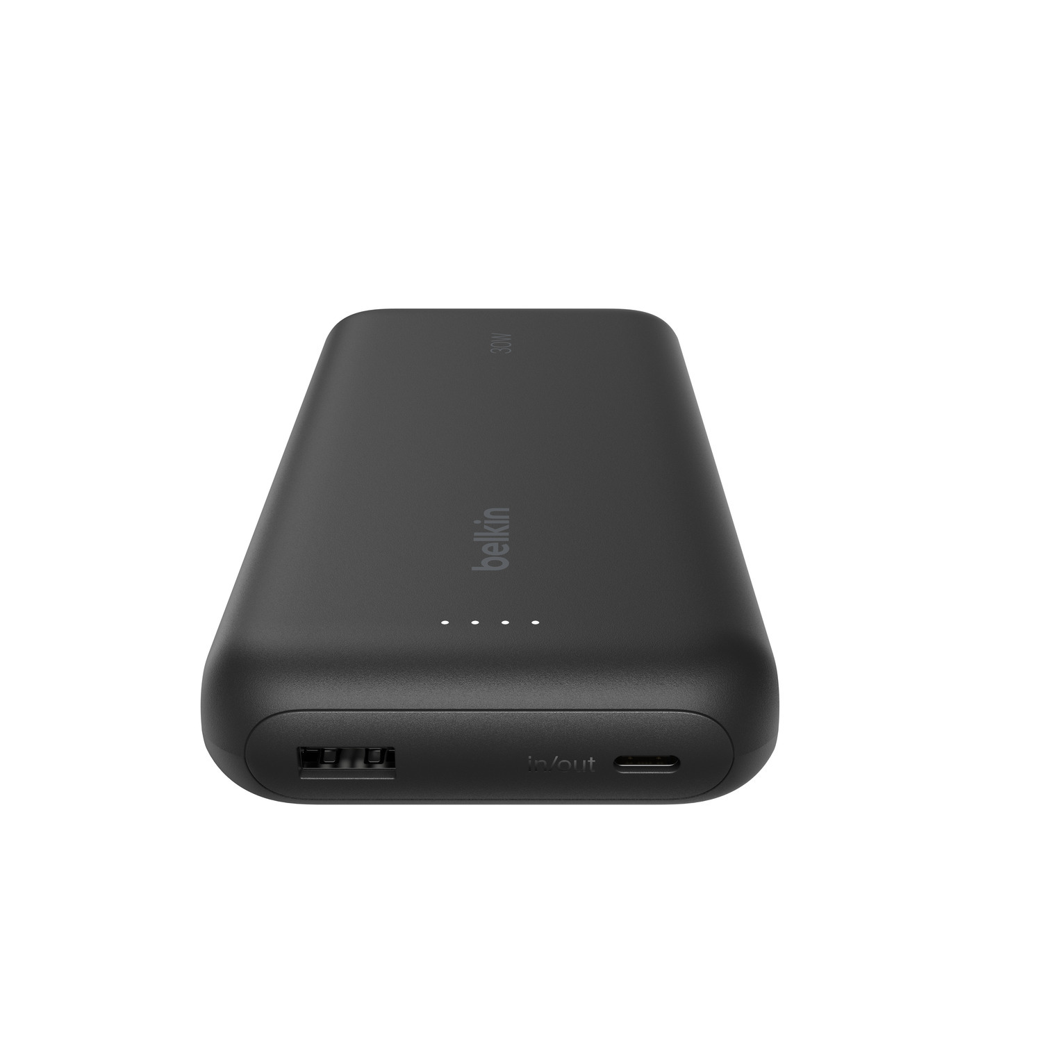 Zwarte powerbank met Belkin-logo en 30W label, witte achtergrond.