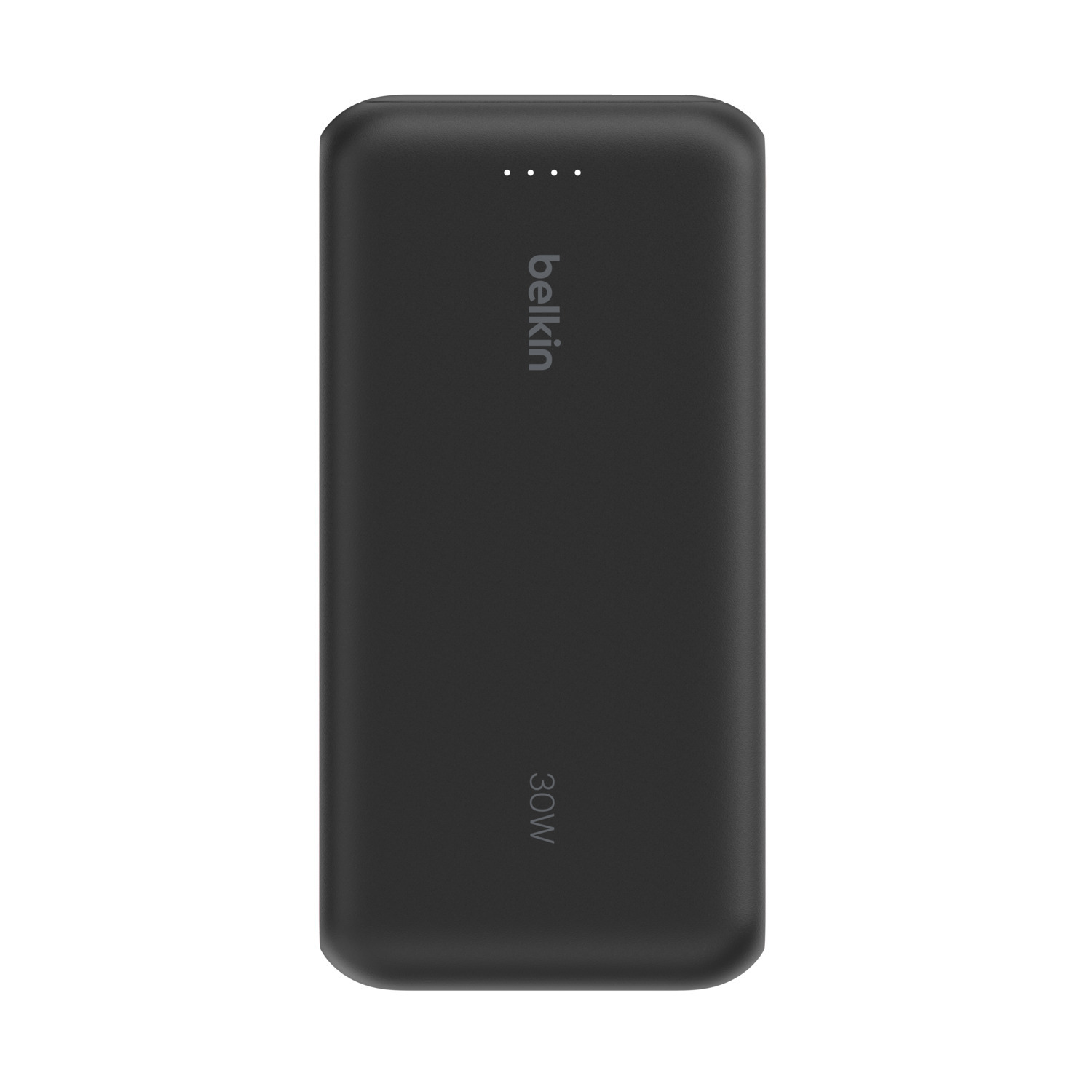 Zwarte Belkin 30W powerbank, witte achtergrond. Vooraanzicht.