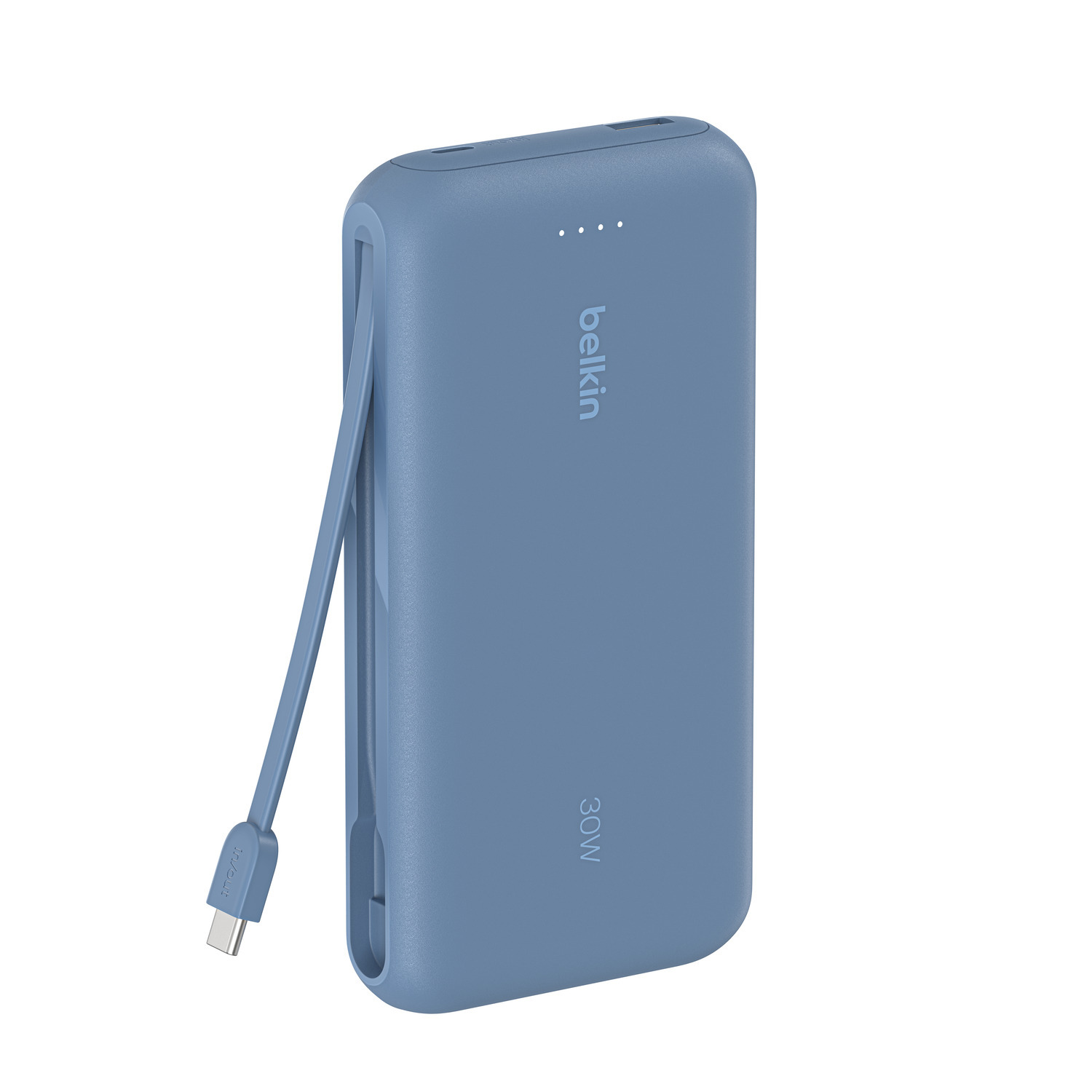 Batterie externe Belkin bleue avec câble USB-C attaché.
