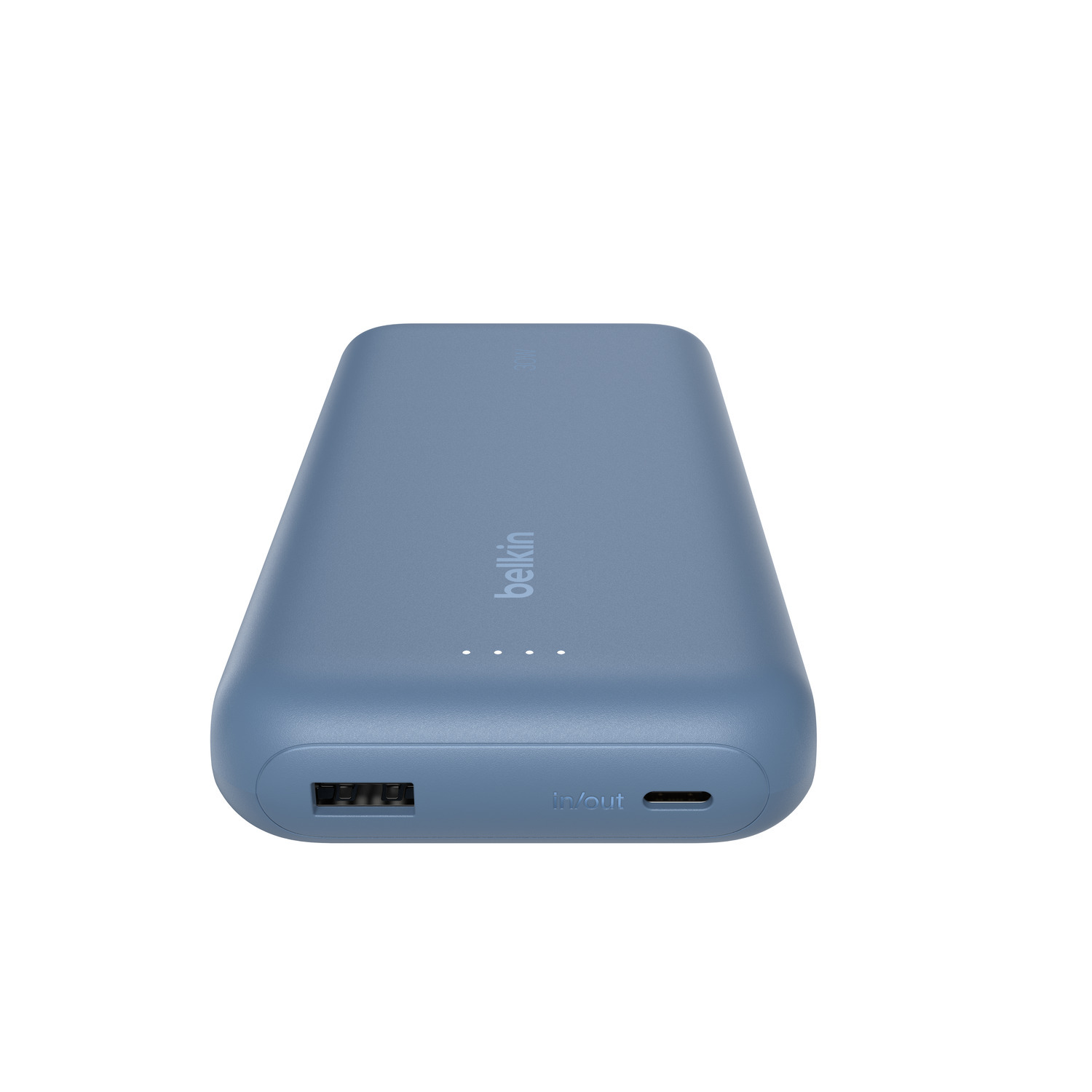 Une batterie externe Belkin bleue. Montre le port de charge.