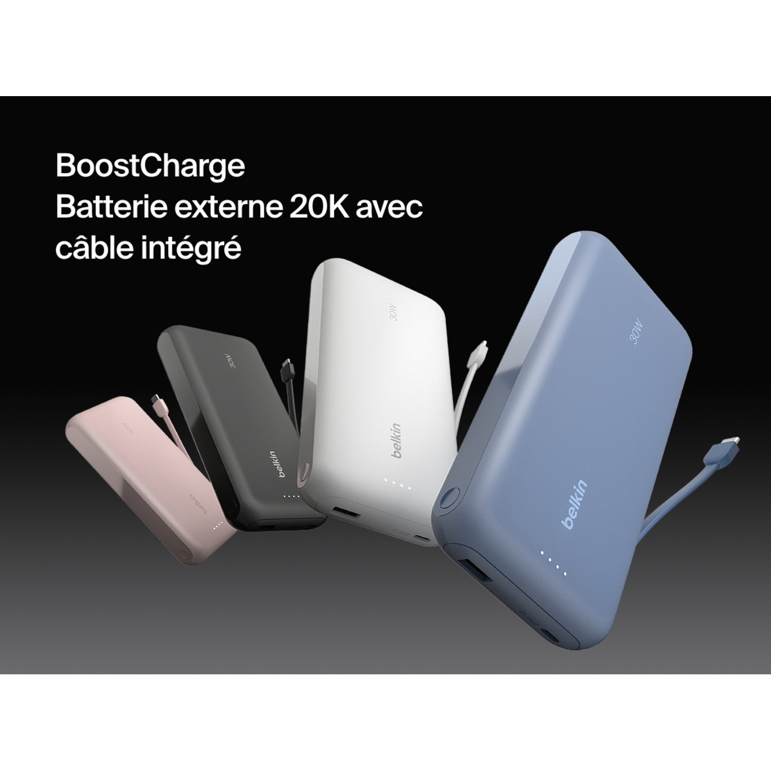 Batteries externes avec câbles, différentes couleurs, marque Belkin.
