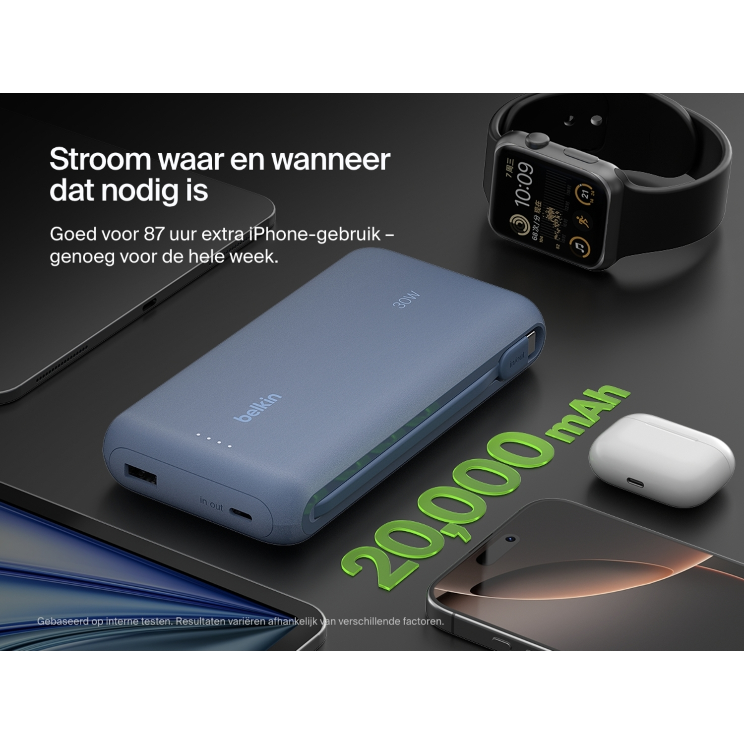 Power bank charging an iPhone and other devices. Shows battery life.