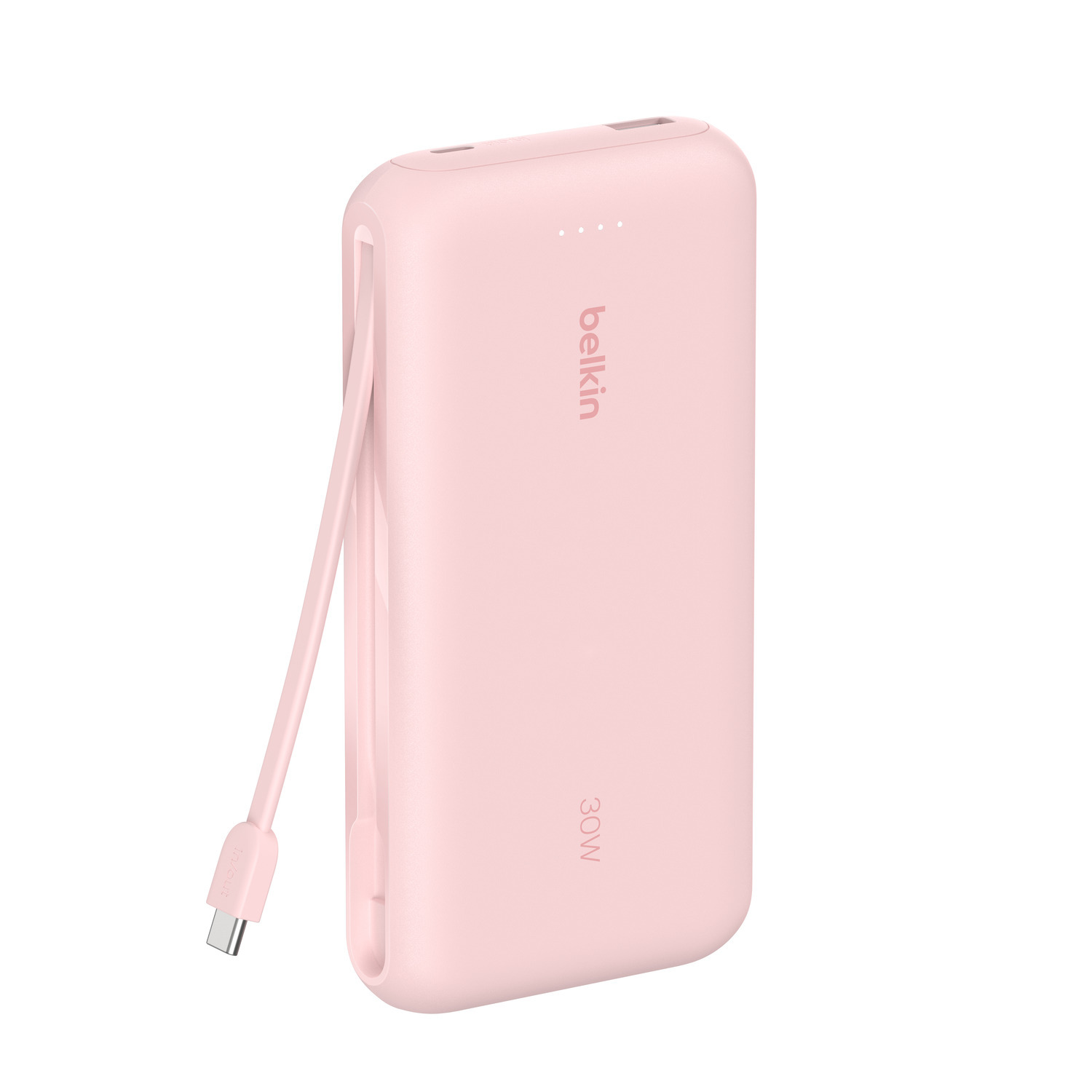 Pink Belkin power bank with attached cable. 30W output.