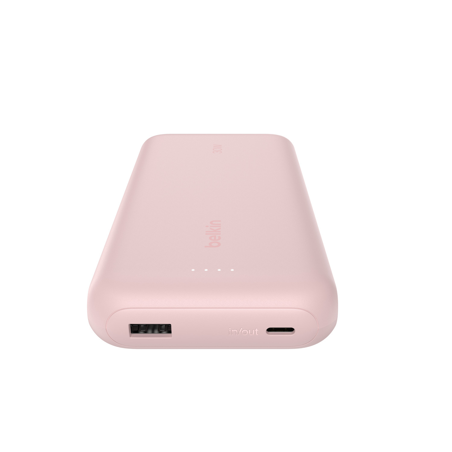 Pink Belkin power bank. 30W output, USB-C and USB-A ports.