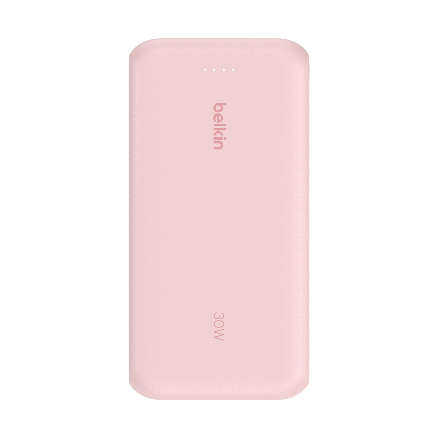 Pink Belkin power bank, Belkin logo, 30W.