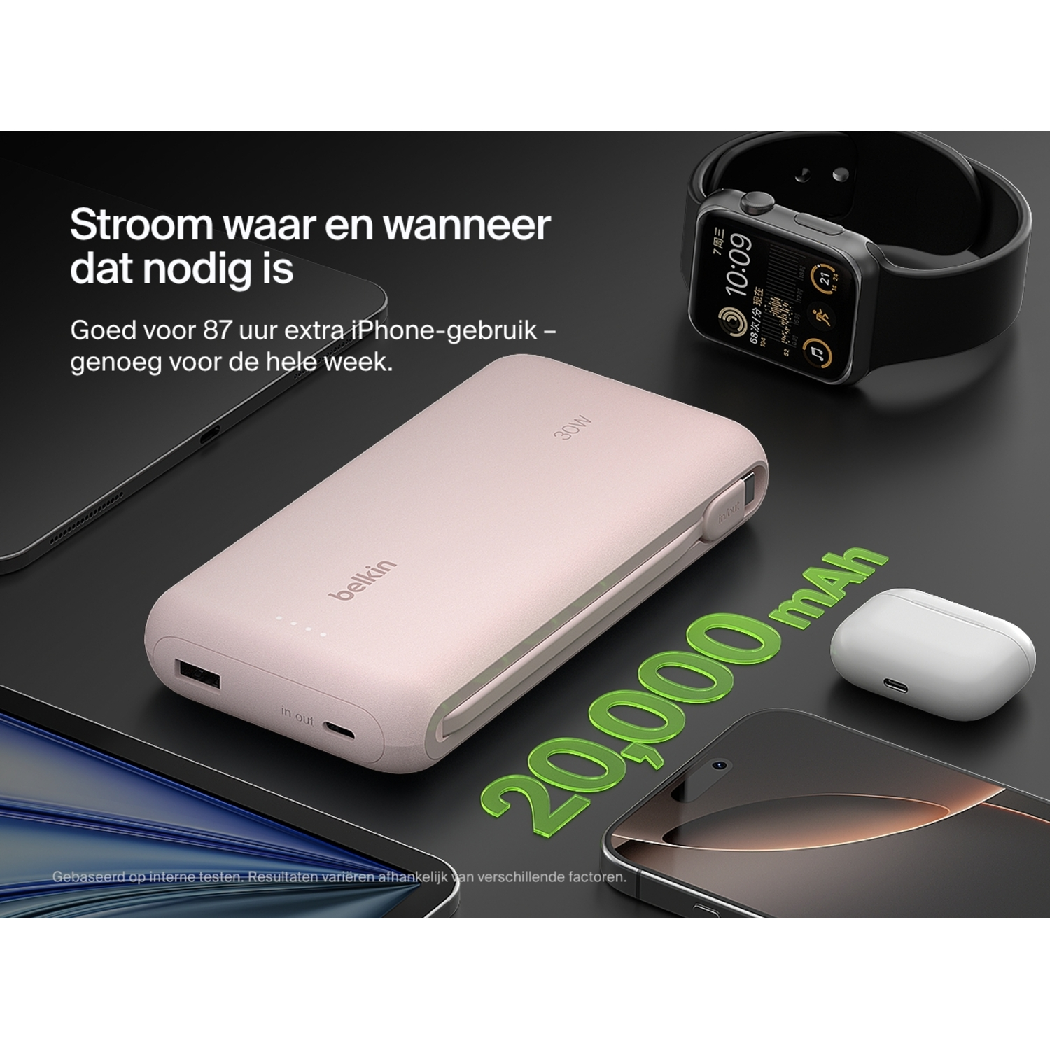Belkin power bank charging an iPhone, Apple Watch, and AirPods. 20,000 mAh.