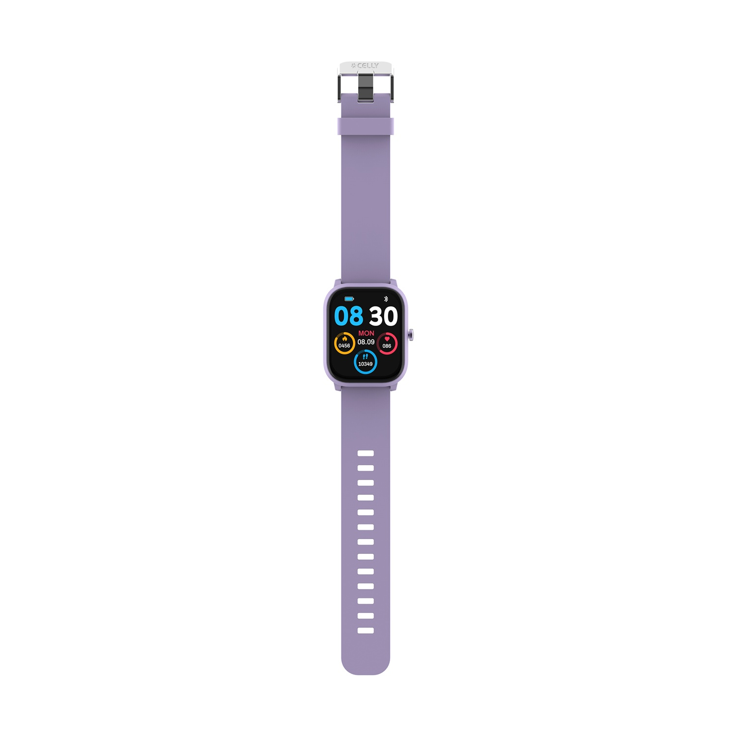 Uno smartwatch viola con l'ora visualizzata e cinturino abbinato.