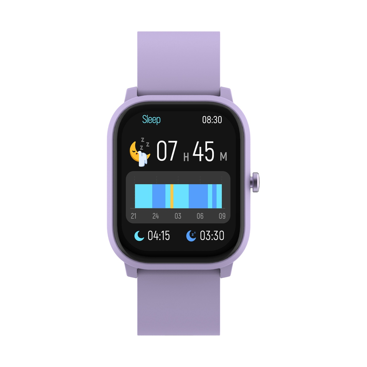 Uno smartwatch viola che mostra dati sul sonno e l'ora sullo schermo.