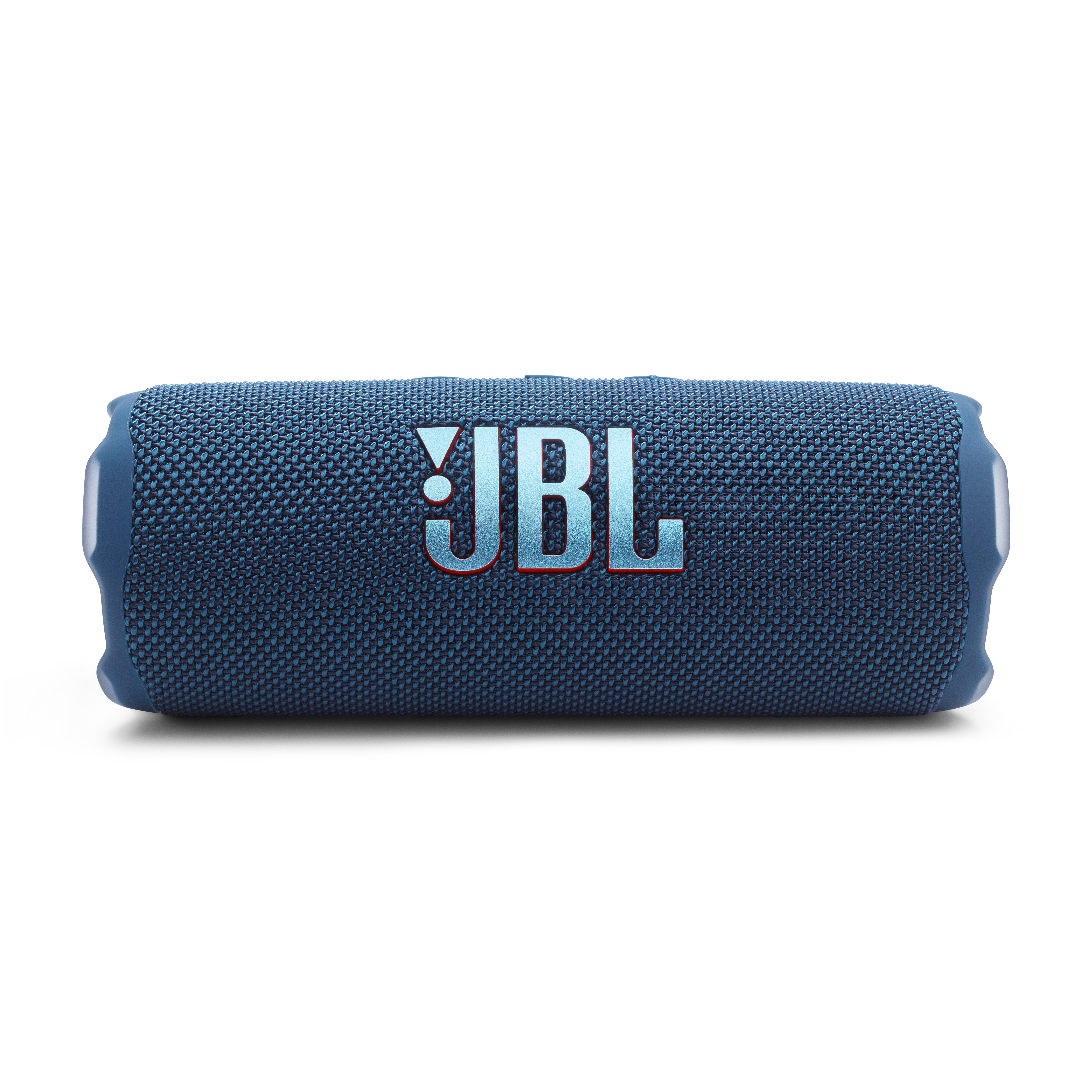 Ein blauer JBL-Lautsprecher mit rotem JBL-Logo auf weißem Hintergrund.