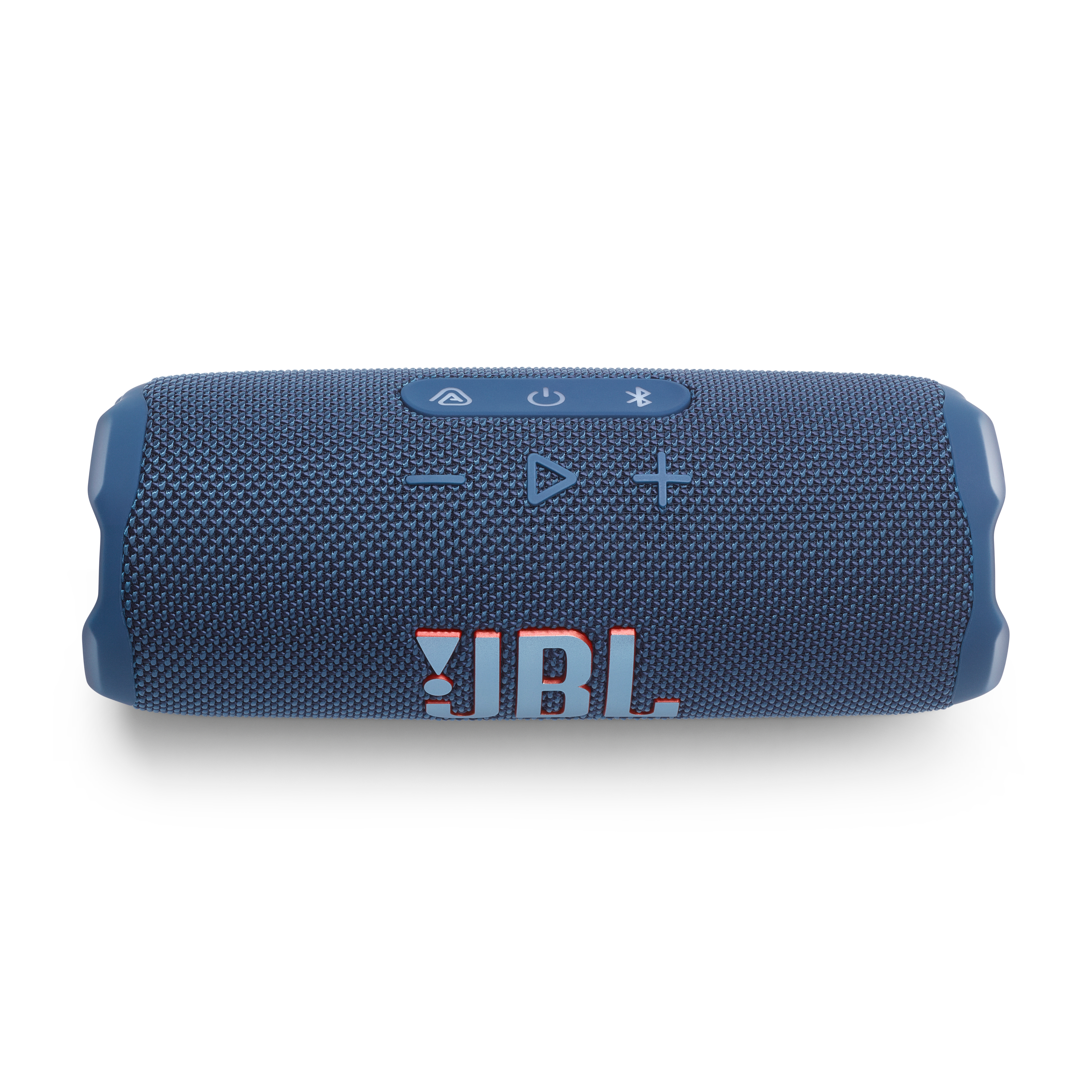 Blauer JBL-Lautsprecher, rechteckige Form, mit Knöpfen und JBL-Logo auf weißem Grund.