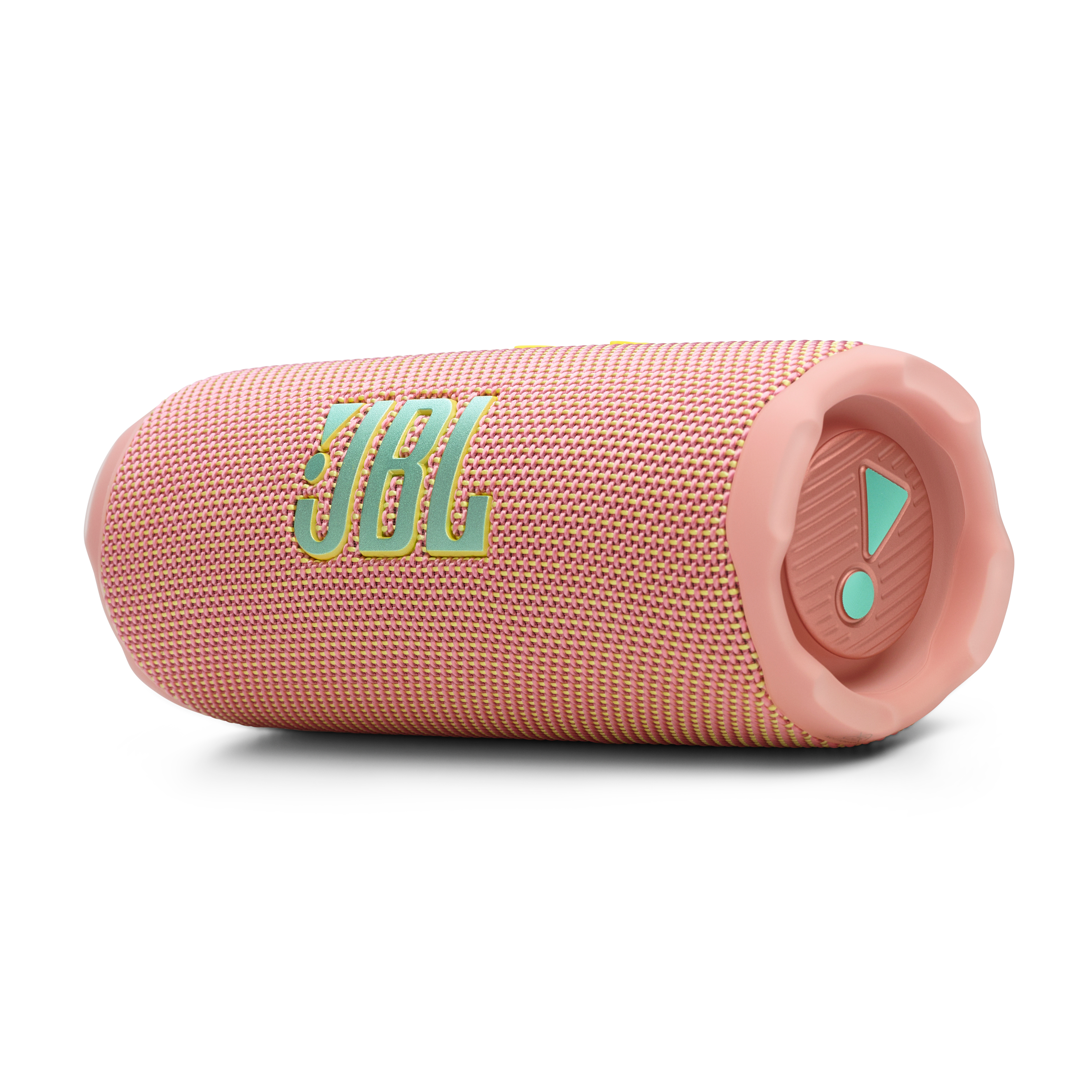 Ein pinkfarbener JBL Flip 6 Lautsprecher, Seitenansicht, mit JBL-Logo.