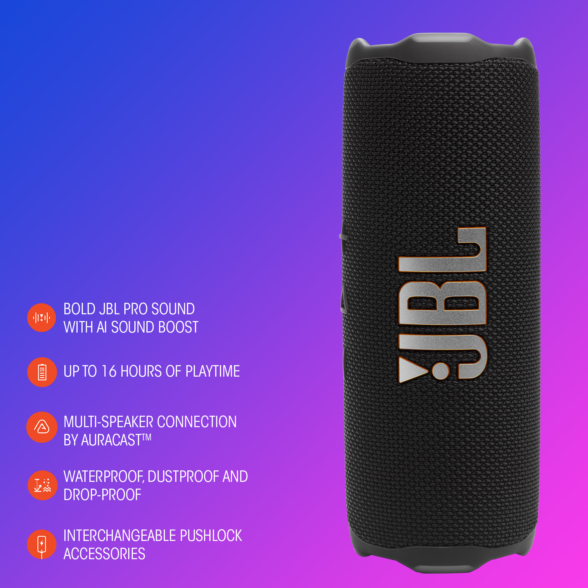 Ein schwarzer JBL-Lautsprecher mit dem Text 'BOLD JBL PRO SOUND' und Produktsymbolen.