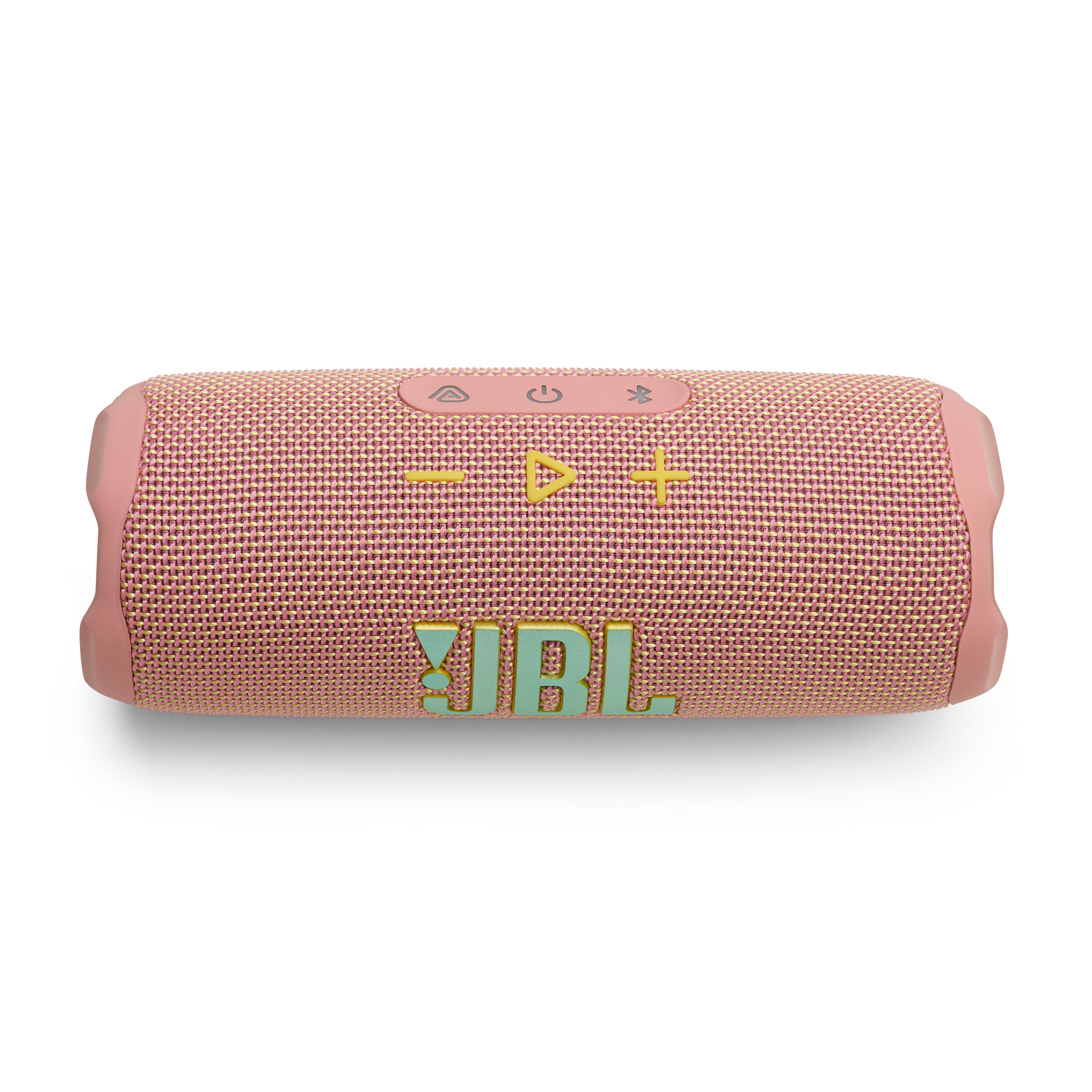 Ein pinkfarbener JBL Flip 6 Lautsprecher, Draufsicht, mit Bedienelementen und dem JBL-Logo.